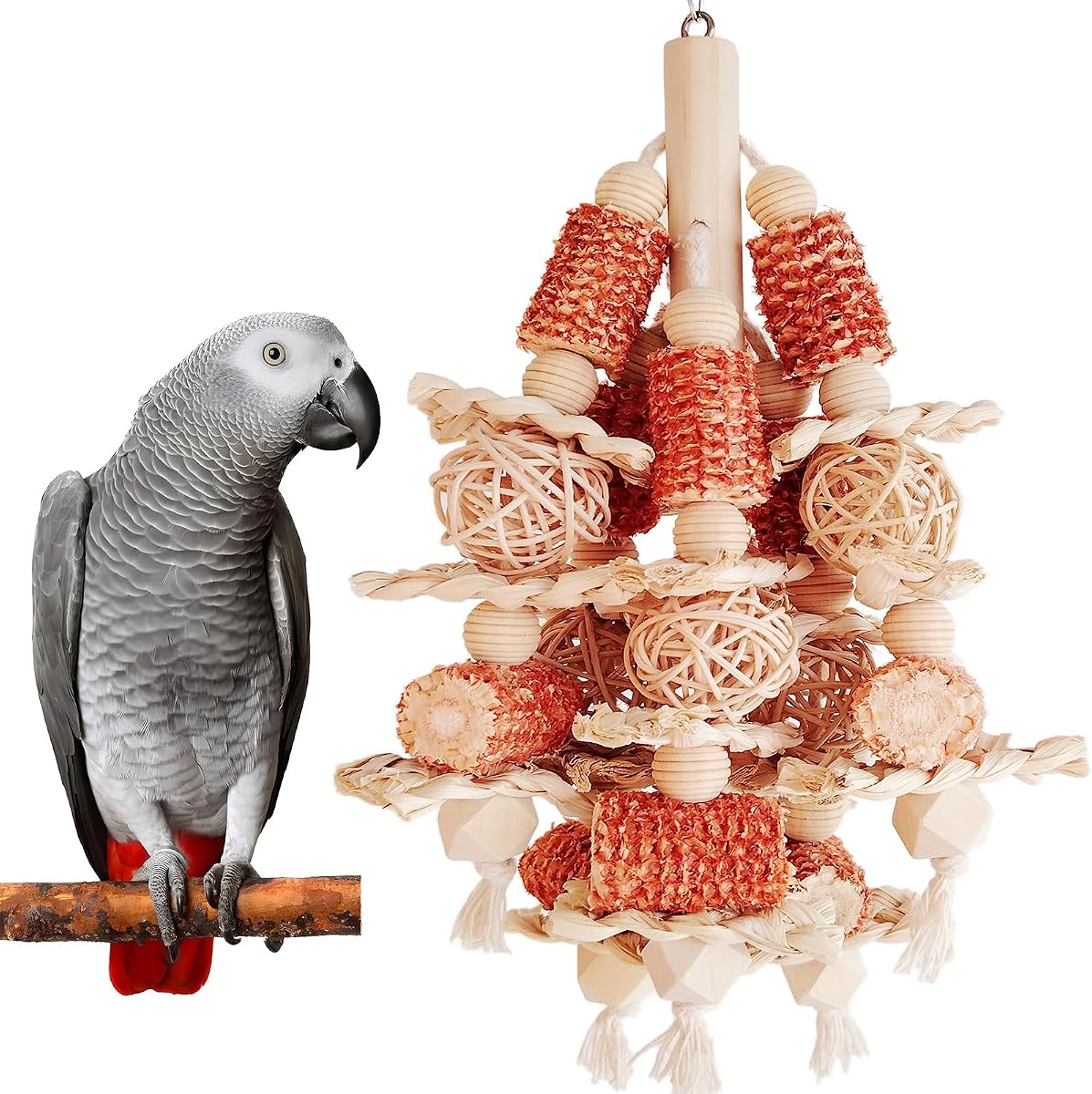 Juguetes para pájaros, juguetes para loros de palo de maíz natural que cuelgan en jaulas para pájaros | Para guacamayos pequeños y medianos, gris africano, cacatúas, cacatúas, cotorras y loros amazónicos.