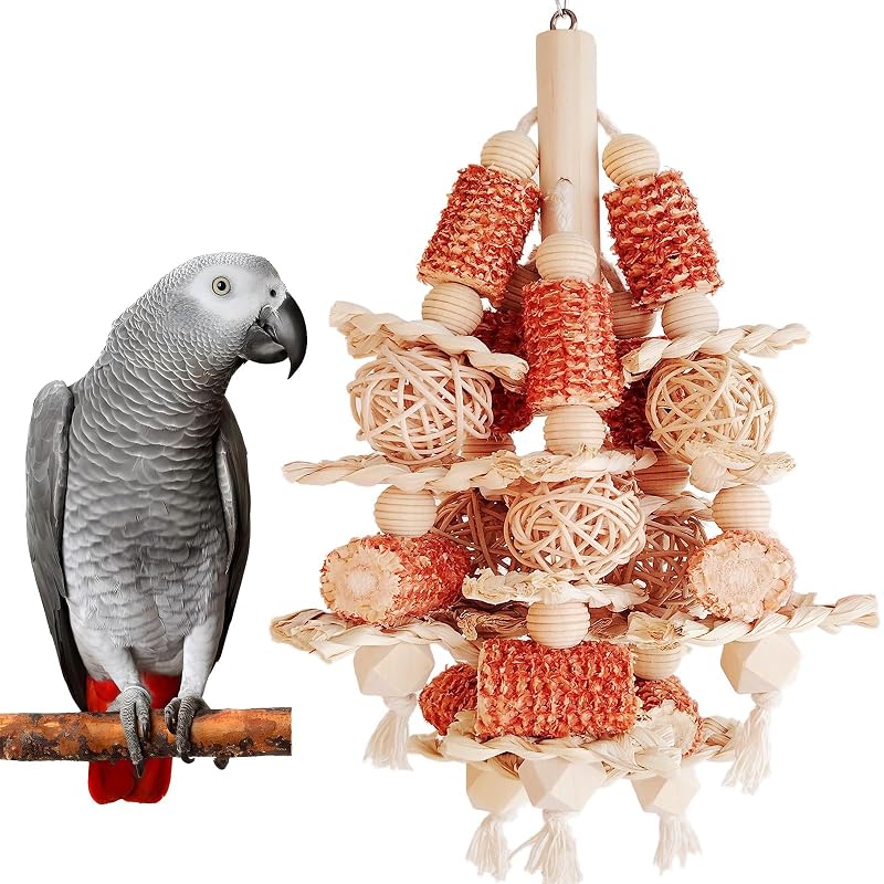 Brinquedo natural suspenso para aves com espiga de milho, madeira e bolas de vime kencunay — 40 x 16 x 7,62 cm