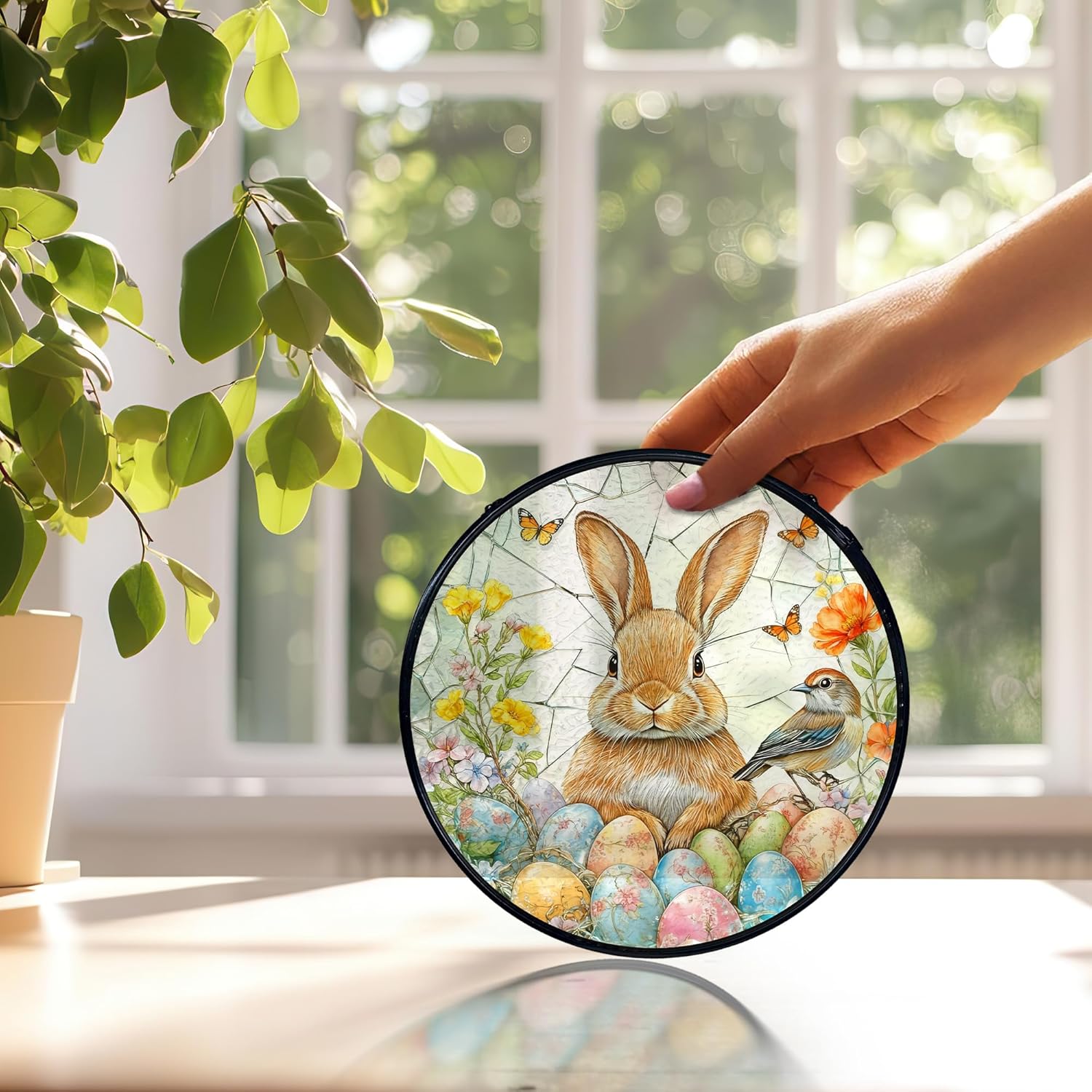 Easter Egg Bunny Bird Suncatchers Stained Glass Window Hanging, Easter Bunny Decor Sun Catchers Indoor Window Glass Round Wall Decor, Rabbit Wall Hanging Decorations, 7.9x7.9in