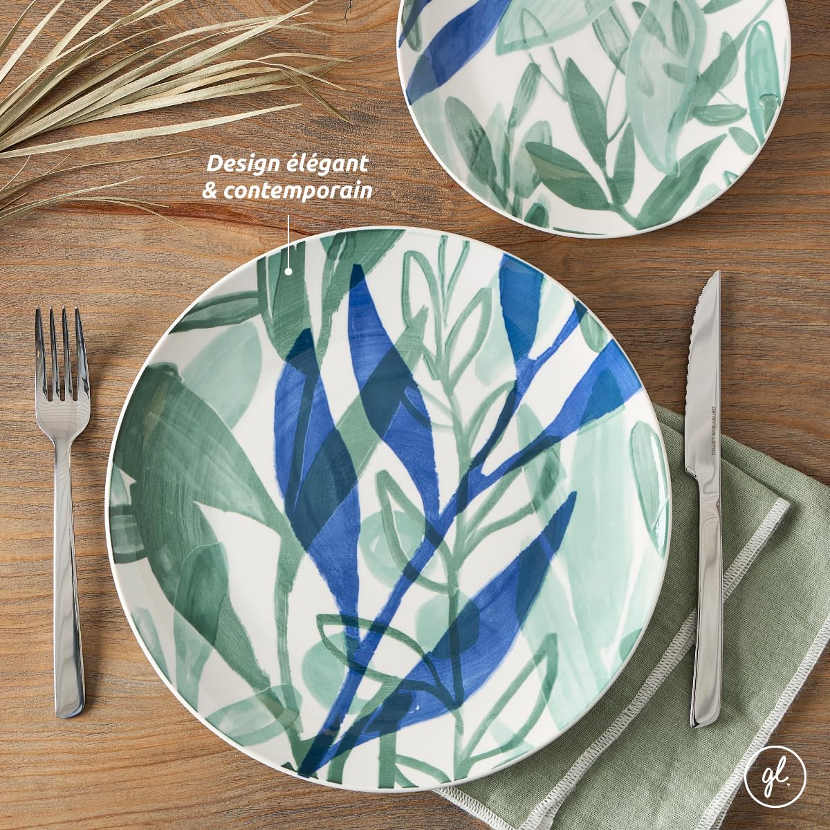 Geneviève Lethu 545868 Service de Table en Porcelaine 18 pièces pour 6 personnes - Assiettes plates, assiettes à dessert, bols - Décor Floral bleu, blanc, vert collection Kalamata