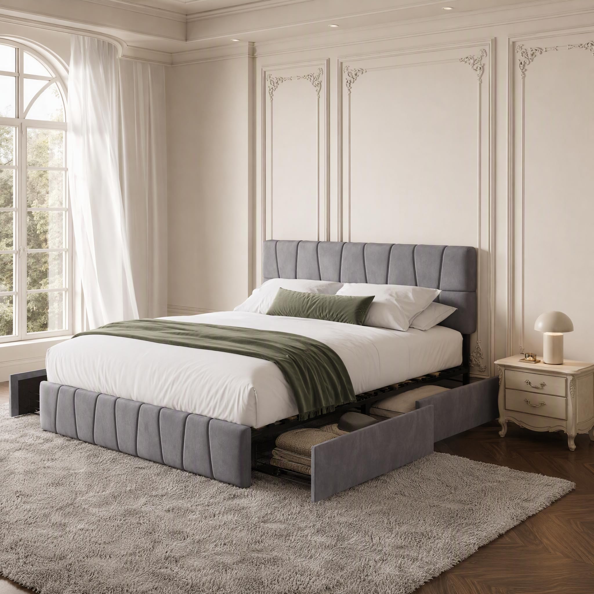 Letto Imbottito 160x200,Letto Matrimoniale con 4 Cassetti letto Matrimoniale Imbottito con contenitore Letti con Usb e Luce Led Letti Contenitore (grigio, velluto B, 160 x 200 cm)