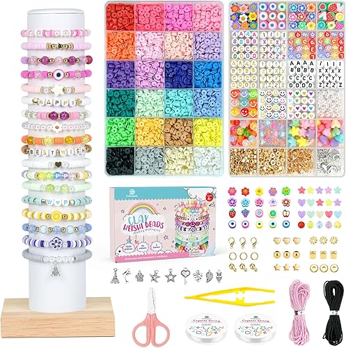 Dowsabel Kit de 7500 cuentas de arcilla para hacer pulseras, 2 cajas de 24 colores, cuentas Heishi de polímero con cuentas de letras, kit de dijes