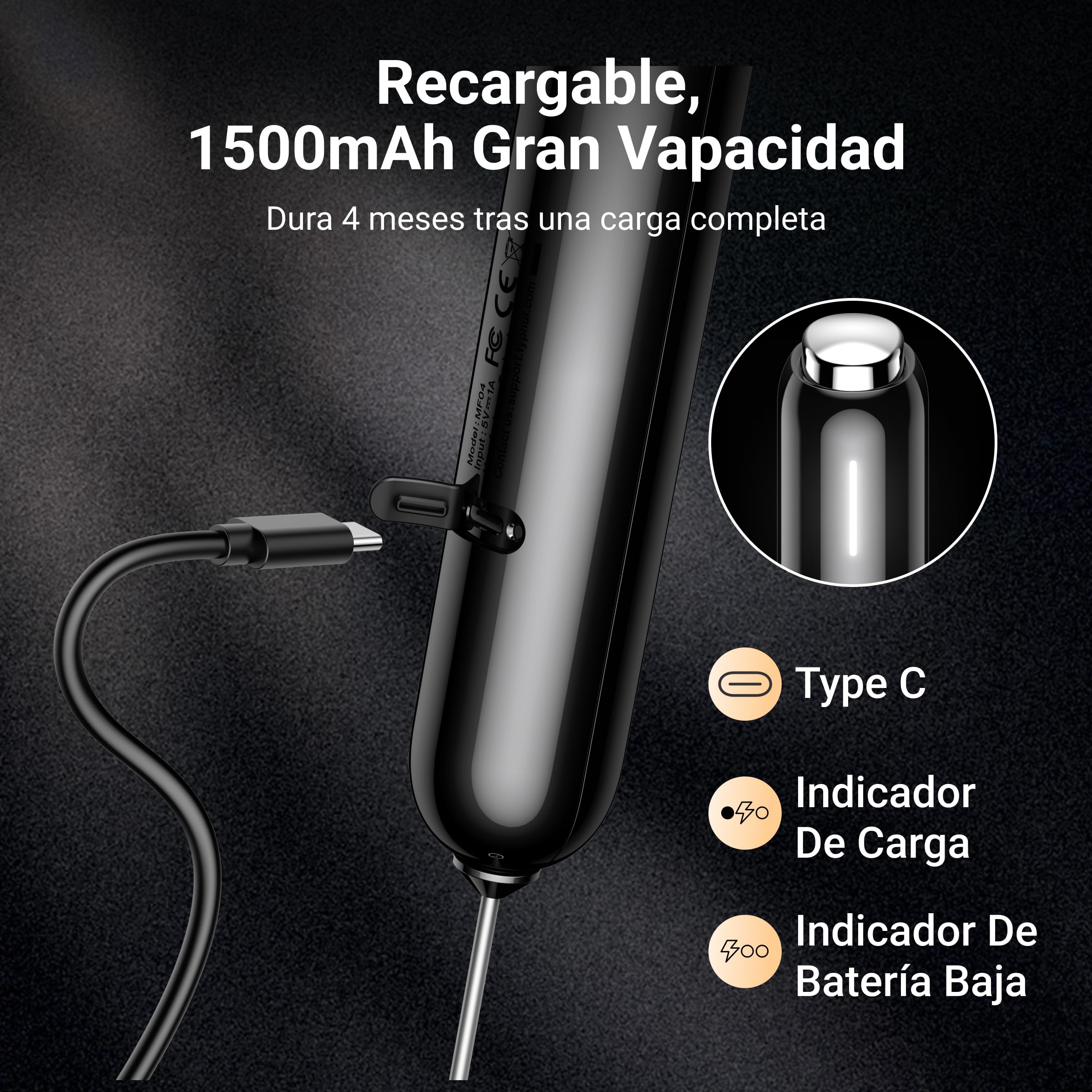 Typhur InstaWhisk Espumador de Leche Eléctrico de Mano, Recargable USB-C, Velocidad Variable, 3 Batidor Desmontable, sin Salpicaduras, para Café, Capuchino, Matcha, Leche de Avena, Soja