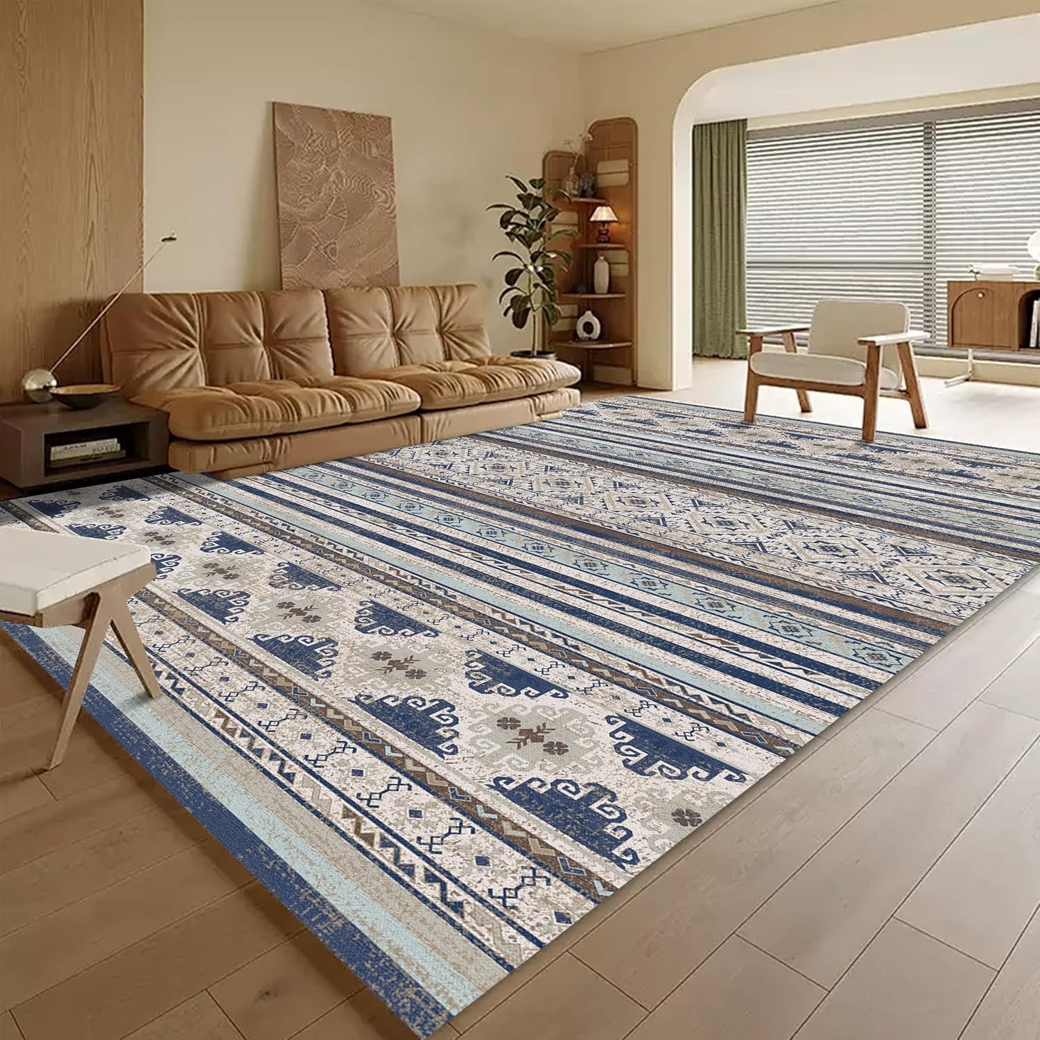 Tapis géométrique traditionnel bleu lavable 120x180 cm avec envers antidérapant