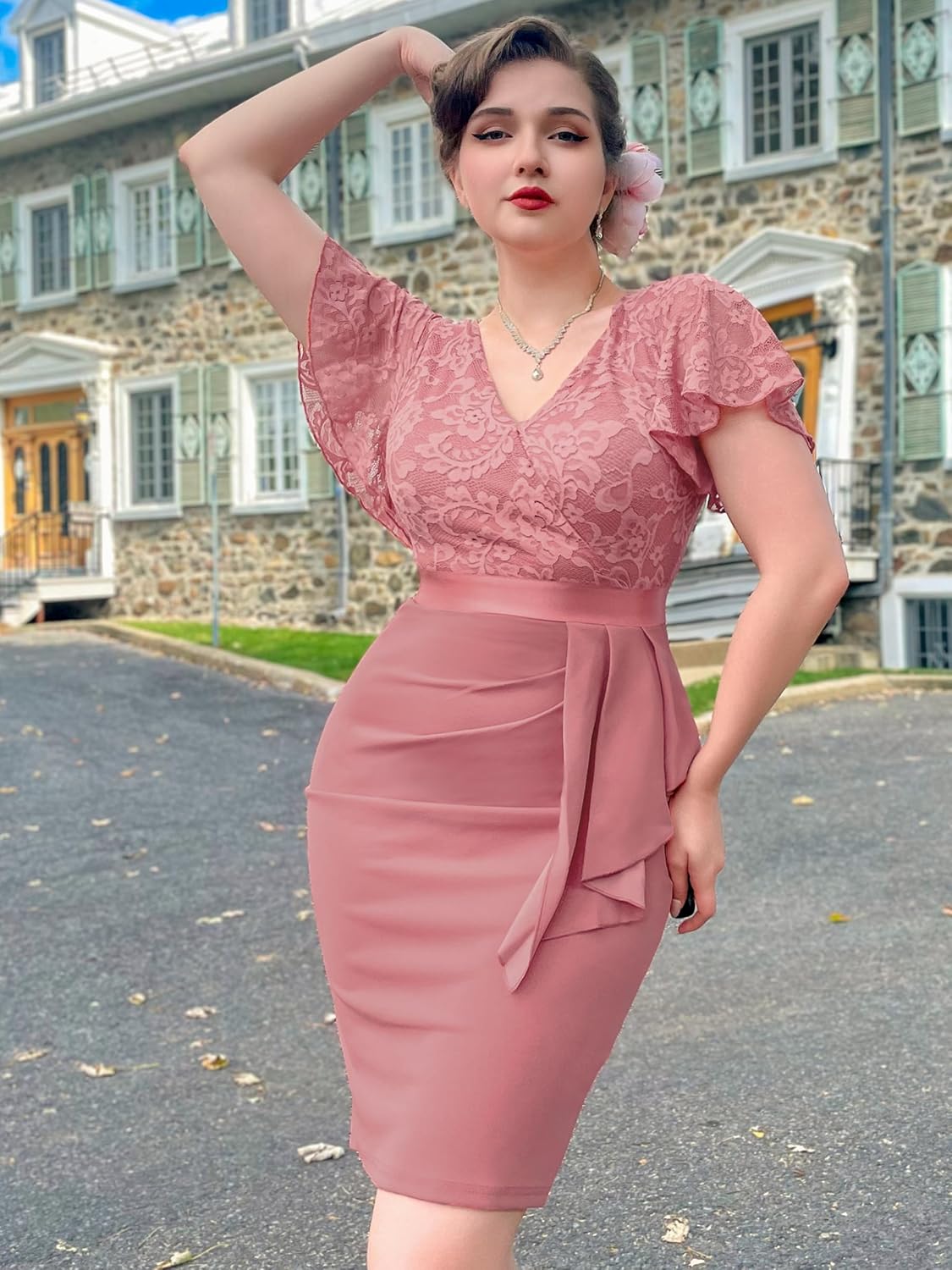 Miusol Women's Floral Lace V Neck Elegant Ruffle Cocktail Dress - Image 3