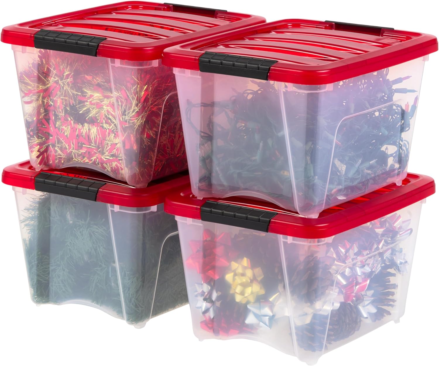 IRIS USA 19 Quart Stackable Plastic Christmas Storage Bins with Lids and Latching Buckles, 4-Pack, Durable Containers for Long Term Storage Festive Seasonal Decorations Garlands Stockings, Clear/Red Holiday Red 19 Qt. - 4 Pack