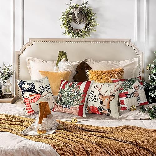 Miniatura 7 de Juego de 4 fundas de almohada de Navidad de 18 x 18 pulgadas, guantes de reno de muñeco de nieve de Navidad, fundas de almohada decorativas para