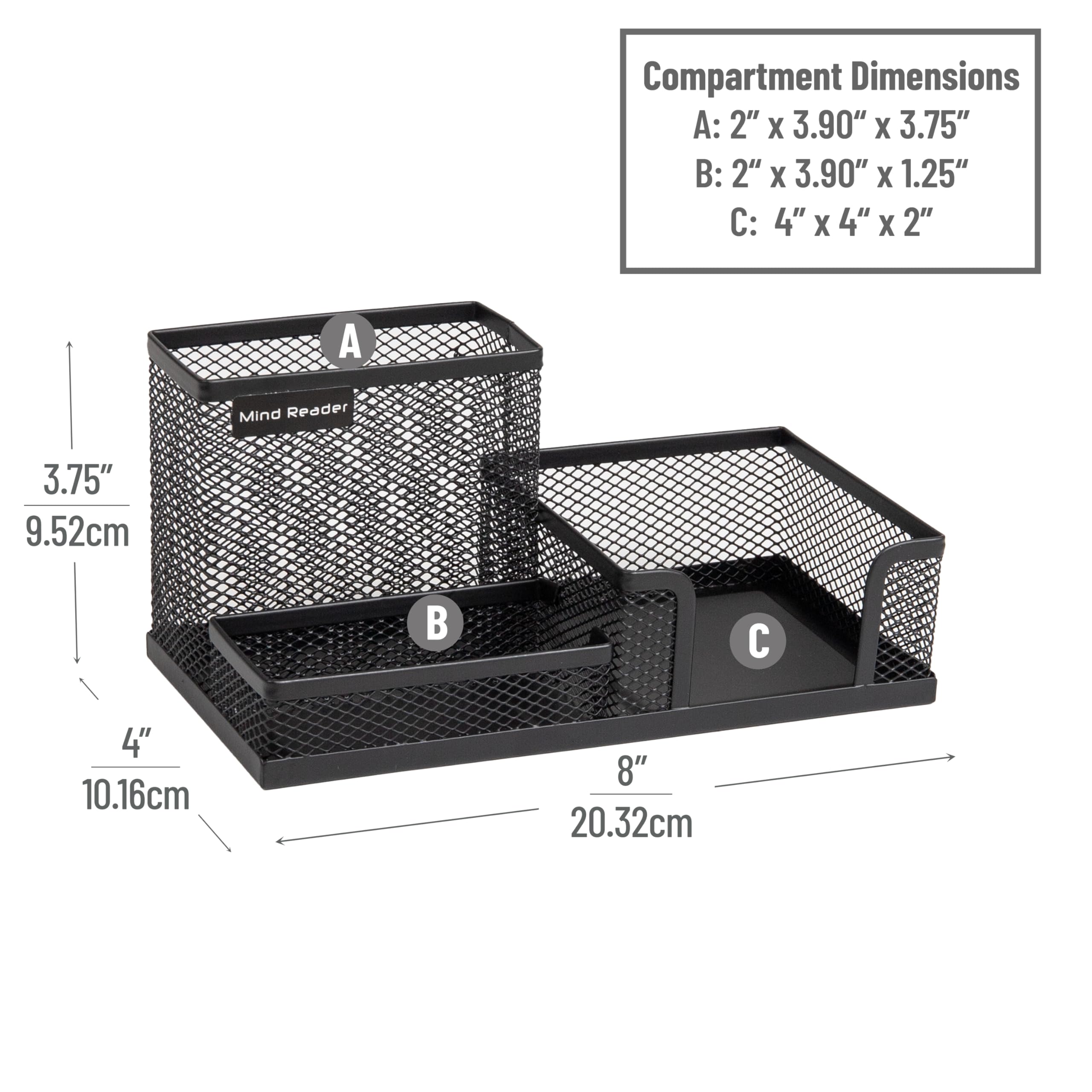Mind Reader Organizer da scrivania, portapenne, cestino con clip, per ufficio, rete metallica, 20,5 cm di lunghezza x 10,5 cm di larghezza x 10 cm di altezza, nero