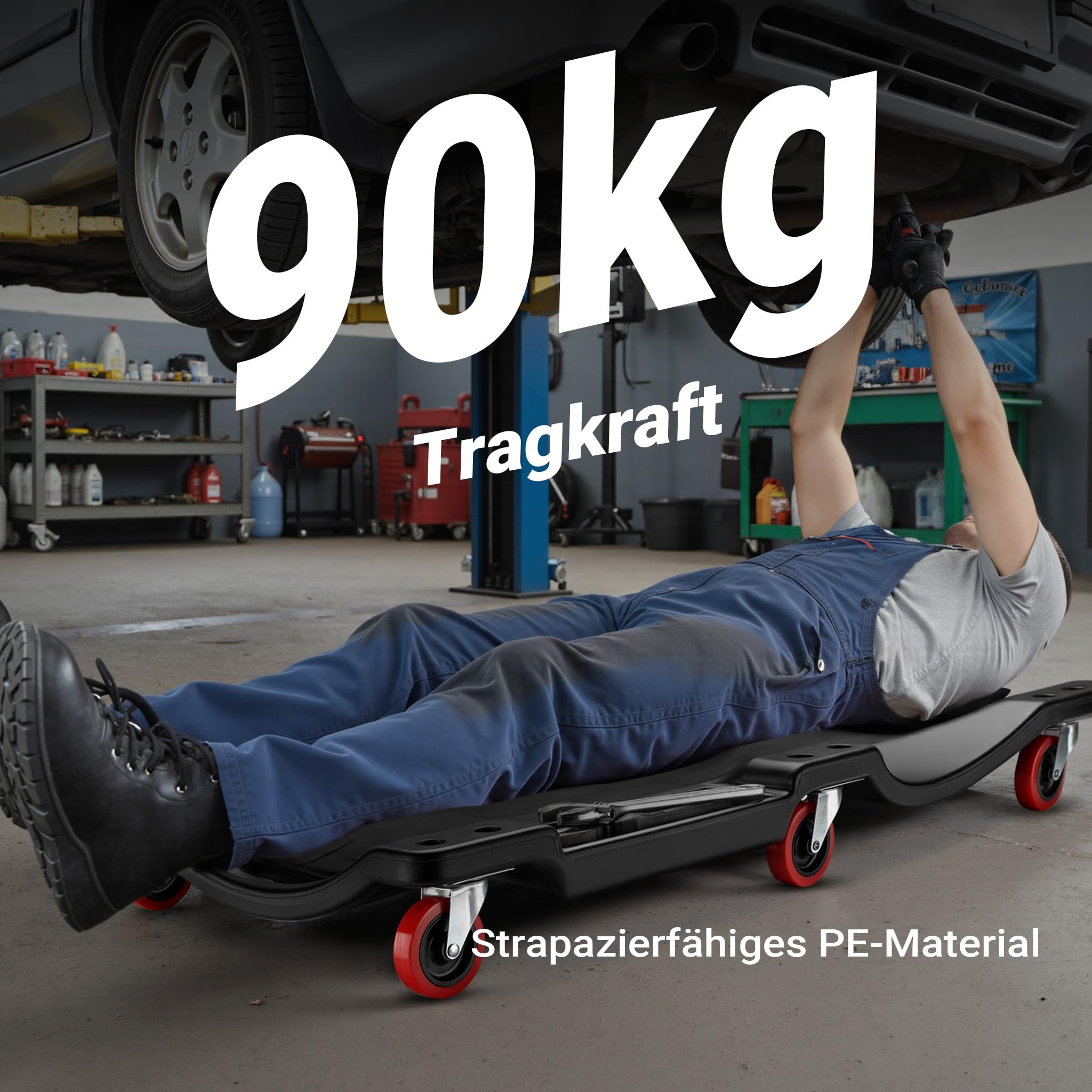 Wiltec Kfz Montageliege 90x40x9cm bis 90 kg aus Kunststoff, Rollbrett mit Abnehmbarer Kopfstütze & Werkzeugfächern, Rollliege, Werkstattliege