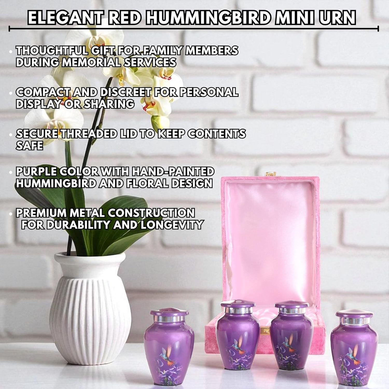 Set of 18 Cremation Urns for Human Ashes, Hummingbird Large Urn 200 Cu in, 4 Keepsake Urn, Heart Urn with Stand, Heart Necklace, Wood Photo Frame, Memorial Set for Family (Purple)