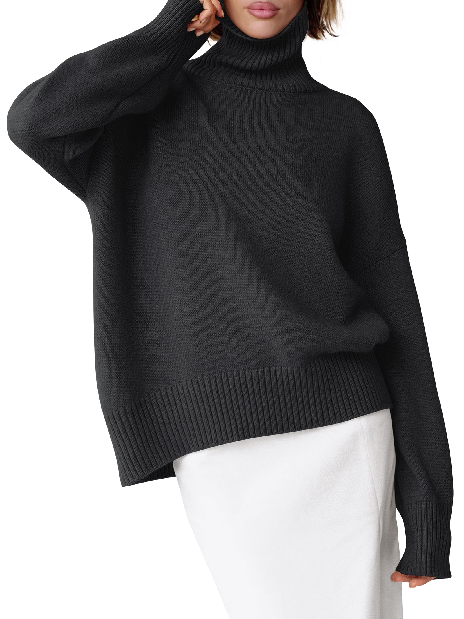 ANRABESS Womens Turtleneck Sweaters Oversized Chunky Long Sleeve Knit High Low Hem Pullover Top 2025 Fall Winter Fashion