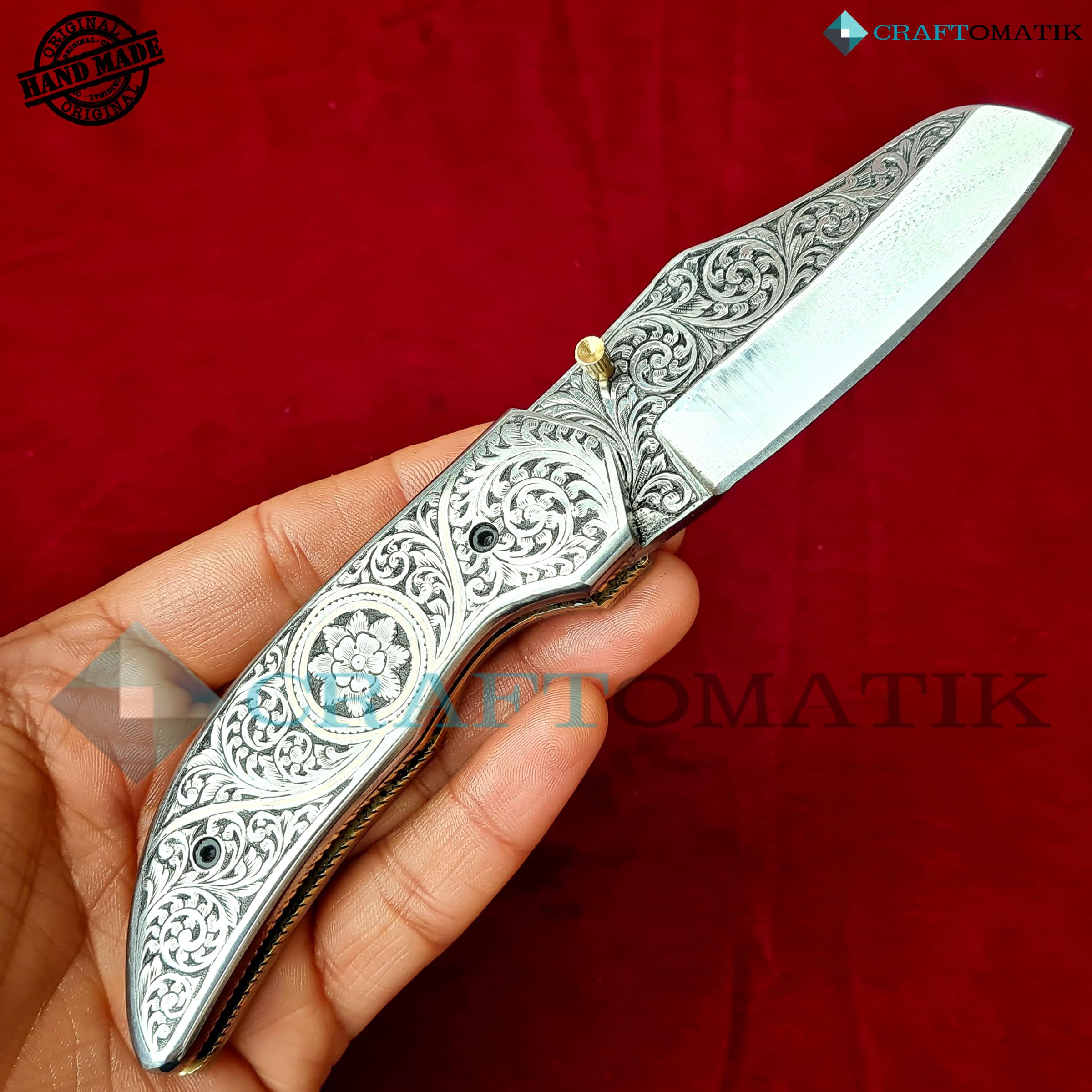 Handgravierte Taschenmesser | Klappmesser | 440C Edelstahl klinge | Edelstahl und Messing Griff | Handgefertigt Outdoor Camping Messer | FK48