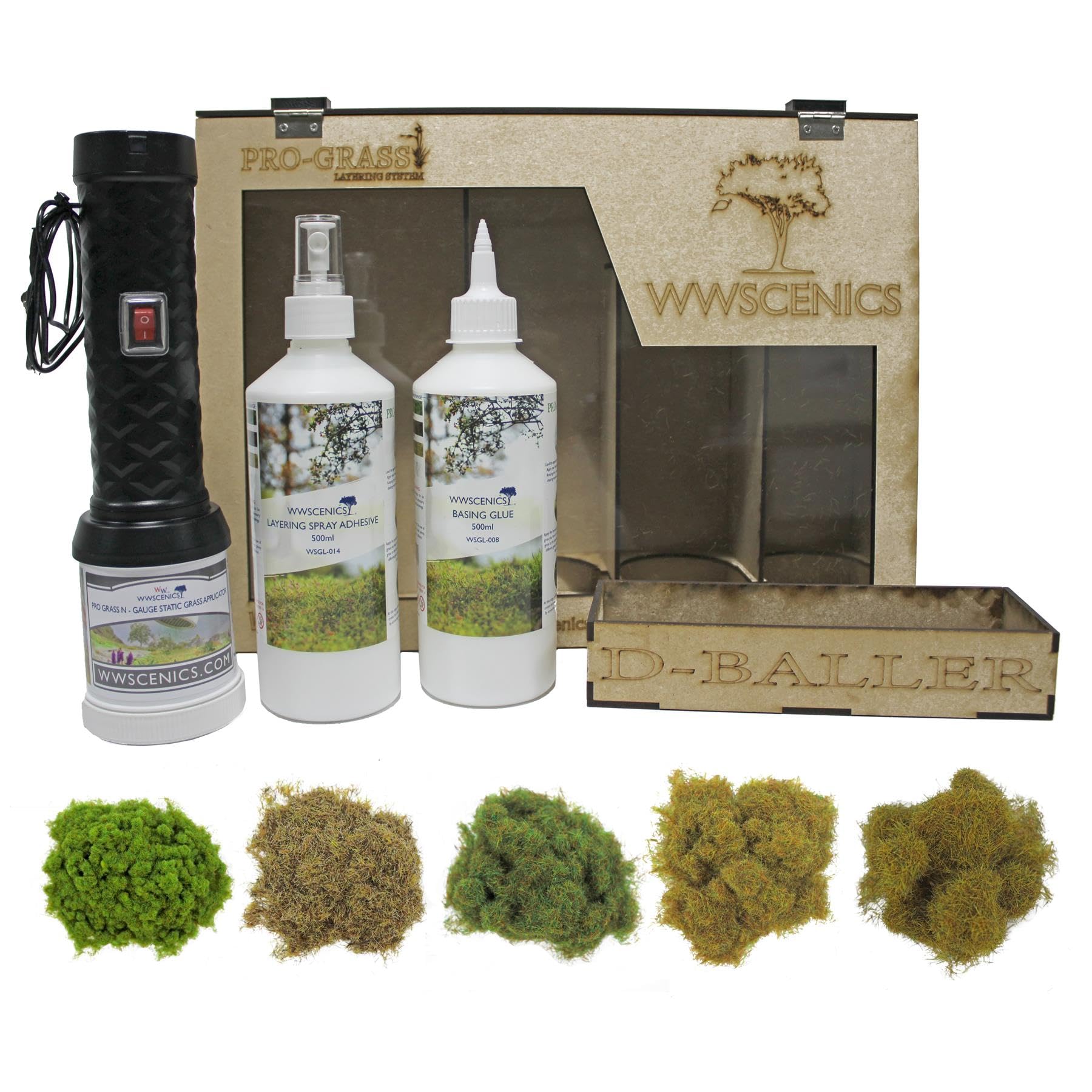 WWScenics Pro Grass Gras-Schichtaufbau Set | Spur-N Starter Kit mit Statische Grasfasern und Begrasungsgerät