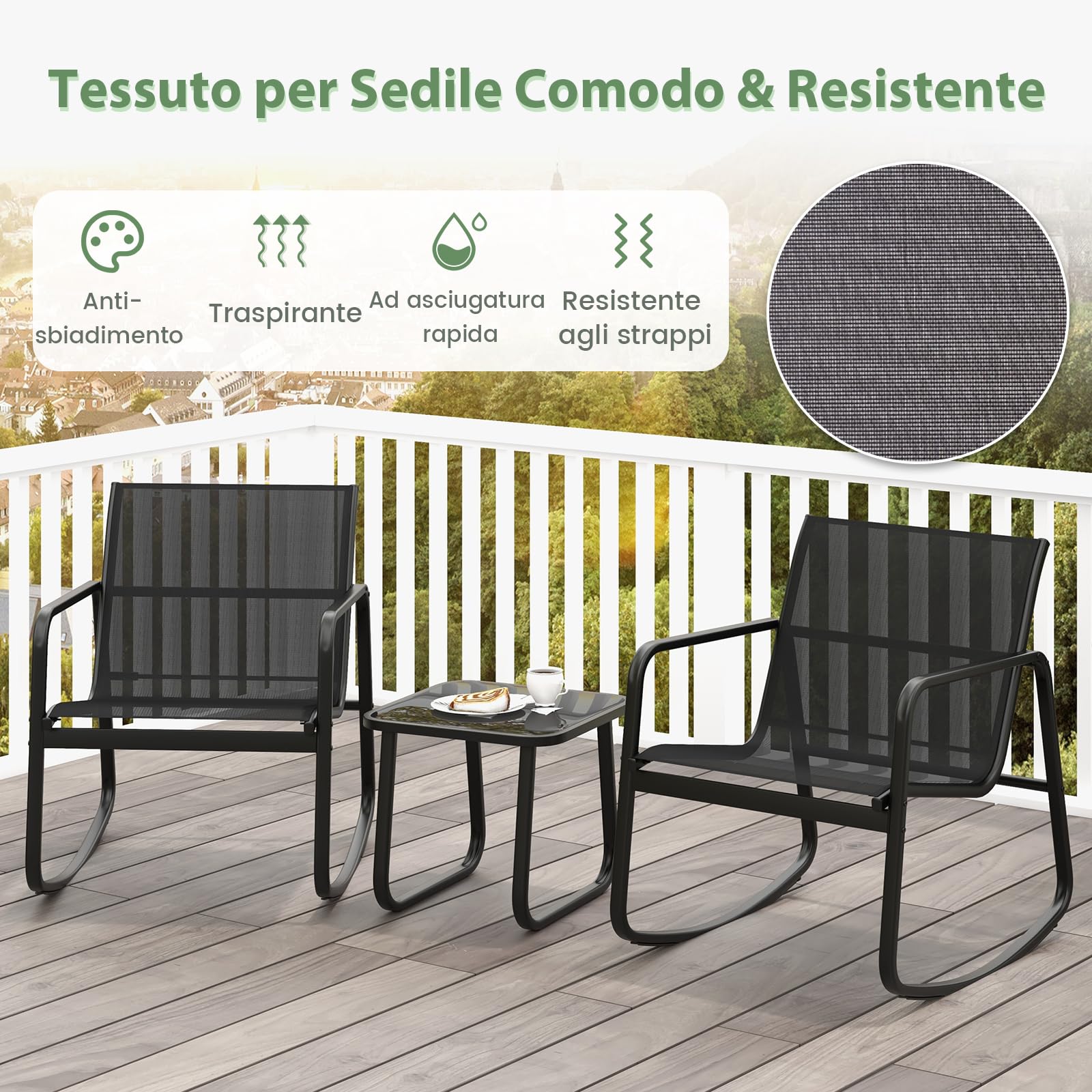 COSTWAY Set Bistrò 3 Pezzi, Sedie a Dondolo Ergonomiche Textilene, Tavolino Vetro Temperato, Struttura Metallo, Nero