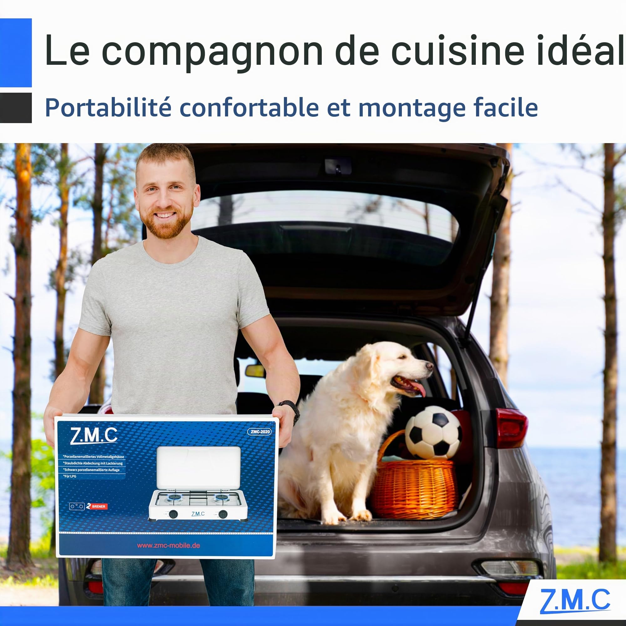 Z.M.C cuisinière à gaz double flamme, cuisine de camping, plaque de cuisson à gaz avec tuyau + régulateur, propane gaz liquéfié (GPL) optimisé, 2,2 kW par brûleur pour cuire deux plats en même temps,