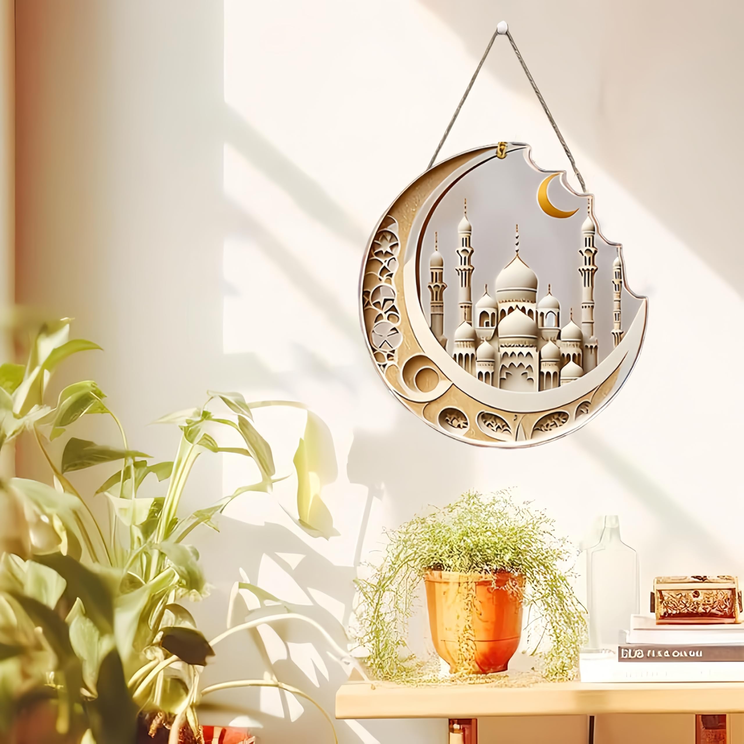 Ramadan Pendant Ornament,Eid Mubarak Wooden Hanging Sign Decorations with Lanyard,Ramadan Kareem Moon Star Door Wall Window Hanger for Eid Al Fitr Islamic Muslim Home Decor Party Supplies (Castle)