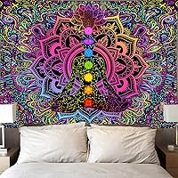 Vista 5 de Uokiuki Blacklight - Tapiz de 7 chakras reactivo a los rayos UV, tapiz de mano Hamsa, mandala bohemio, tapiz de luz negra, tapiz para colgar
