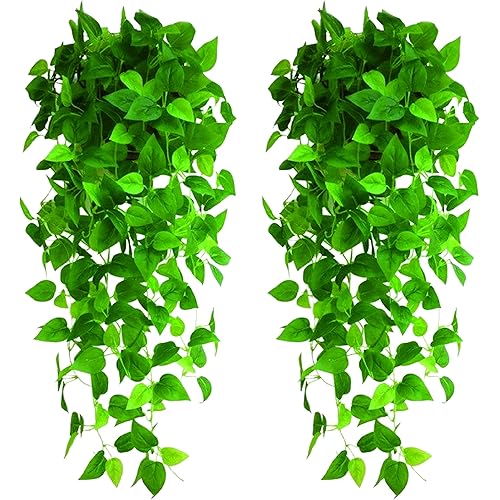 HENJADE Artificial Hanging Plants 3.6ft Fake Hanging Plant Fake Ivy Vine for Wall House Room Indoor Outdoor Office Decoration (2Pcs)