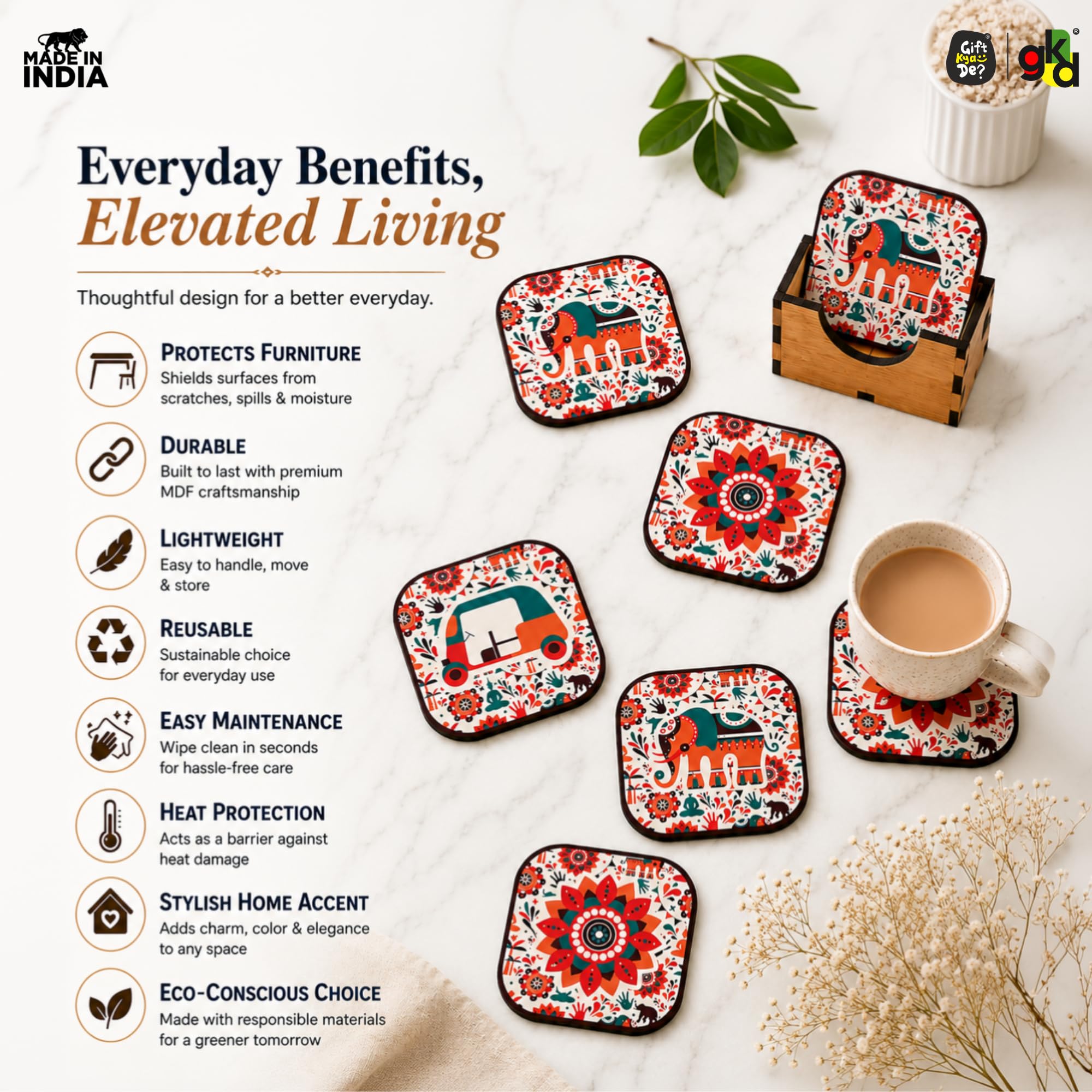 GKD - Juego de 6 posavasos de madera con diseño vibrante de la India para servir tazas de té, tazas de café y vasos (9,7 x 9,7 cm) (cuadrados) (ecológico)