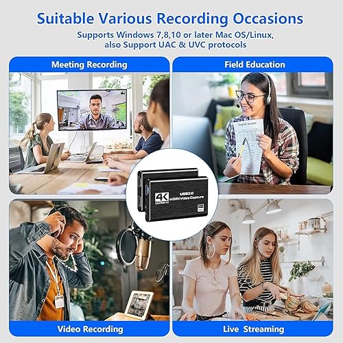 Miniatura 7 de Tarjeta de captura de video HDMI 4K para transmisión, RREAKA Full HD 1080P 60FPS Grabadora de video Tarjeta de captura de audio y video para juegos,