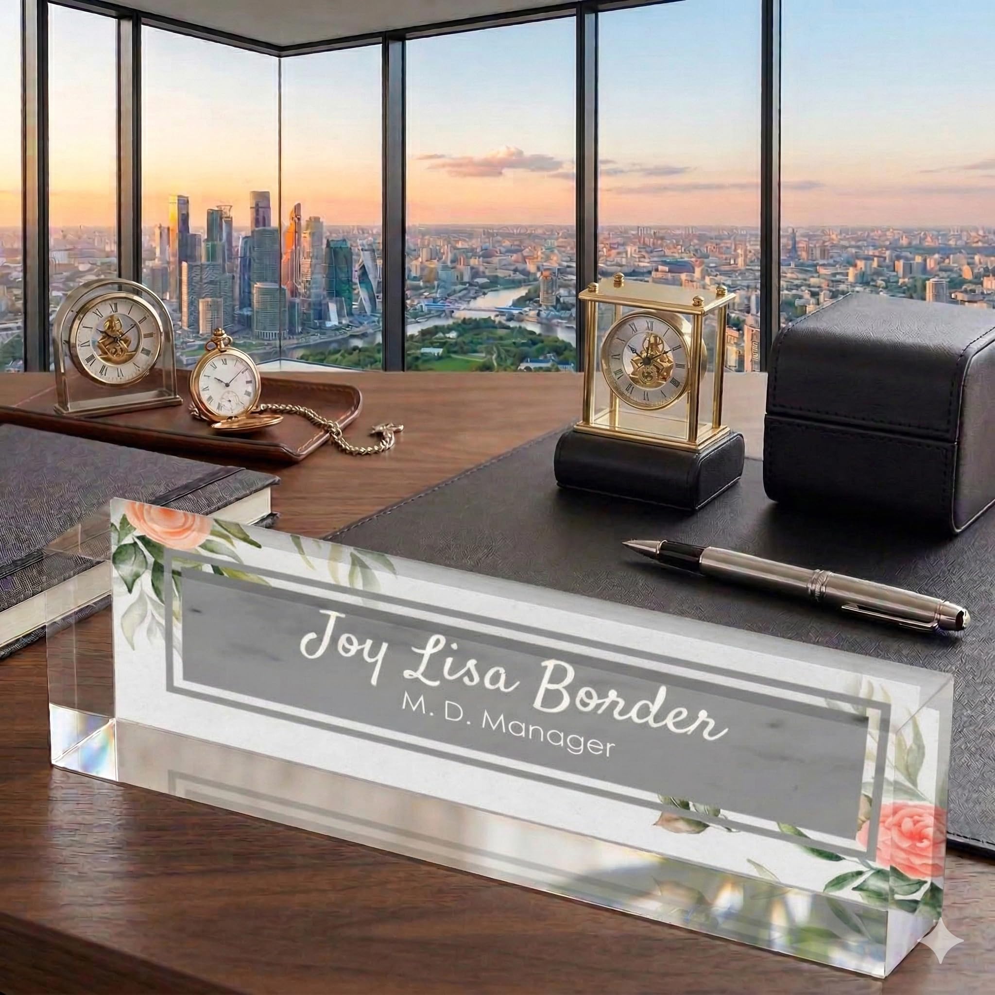 Personalised Office Desk Name Plate Custom Modern Plaque Sign Clear Glass Effect White Acrylic Base Work Home Gift for Loved Ones