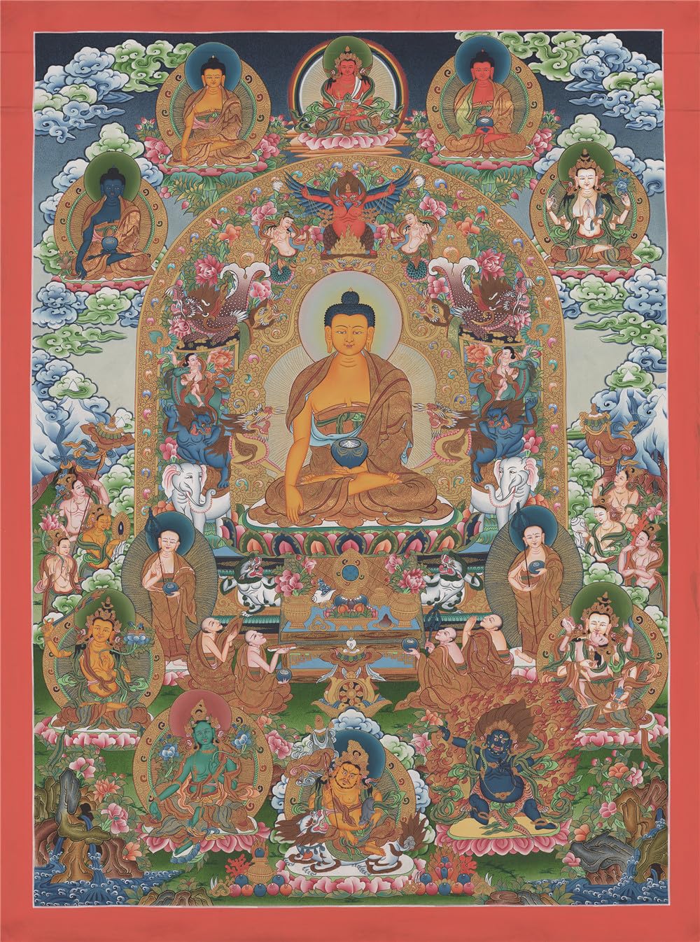 Gandhanra Tibetische Thangka-Kunst–Shakyamuni Thangka–Hochauflösender Digital-Giclée-Druck und doppelt handgerahmt - Buddhistische Wandbehang-Tapisserie - 47" x 32"