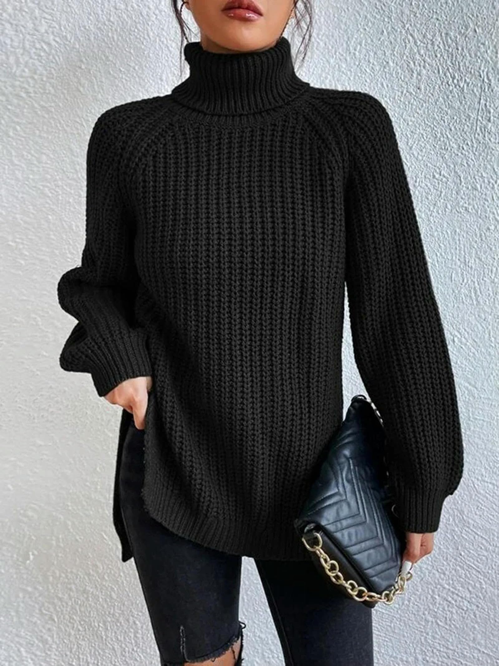 Sweter dla kobiet jesień zima luźny długi rękaw golf sweter damski jednolity kolor miękki sweter z dzianiny średniej długości
