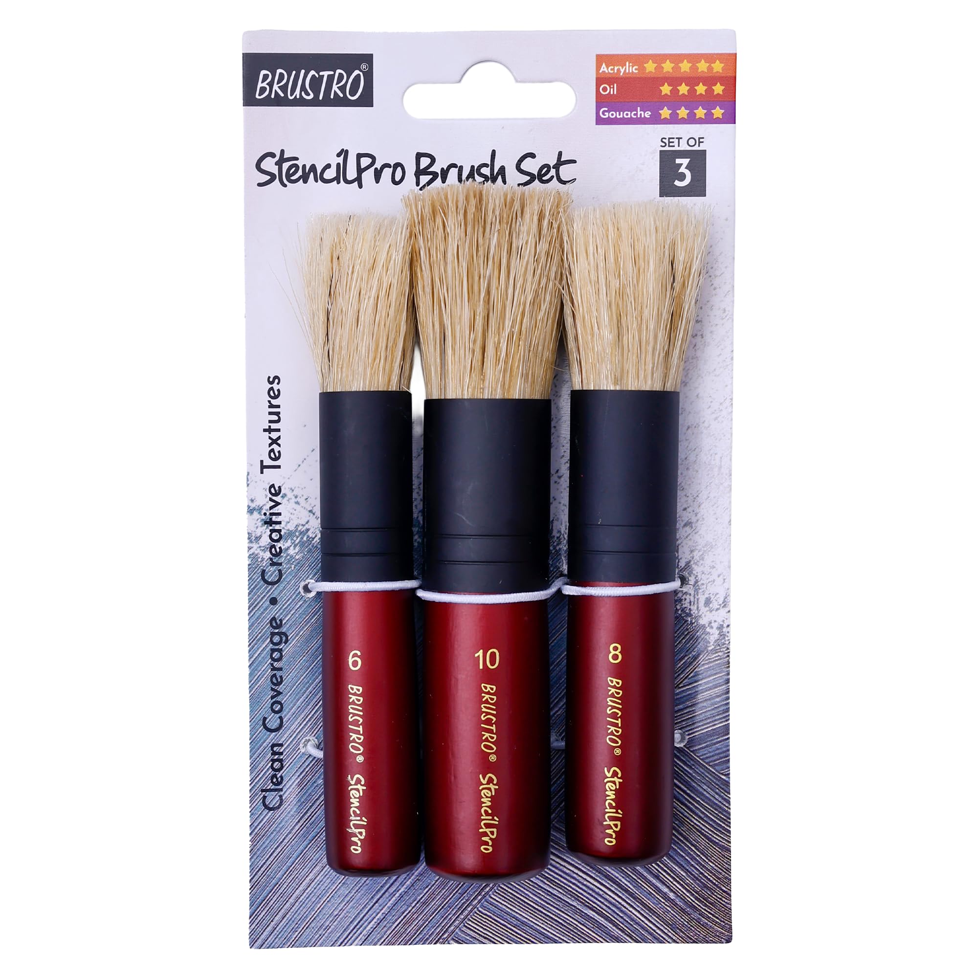 BRUSTRO StencilPro Brush Set of 3| Sizes 6, 8 & 10, Natural Hog Bristle, Wooden Short Handle, Flat-Top Brushes|Ideal for Stencilling, Texture Layering, DIY Craft Work with Acrylic, Oil, Gouache Paints-image-0