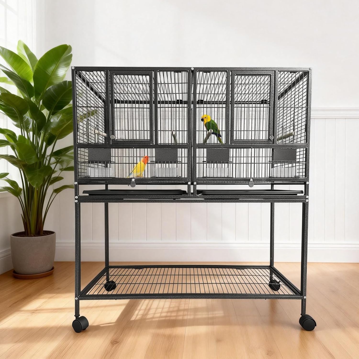 GarveeLife Vogelvoliere Großer Vogelkäfig Mit 2 Türen Vogelhaus Mit Holzstangen, 4 Rollen Und Herausziehbarer Reinigungswanne Vogelkäfig Geteilter Brutkäfig Für Kleinvögel, 94x45x106cm