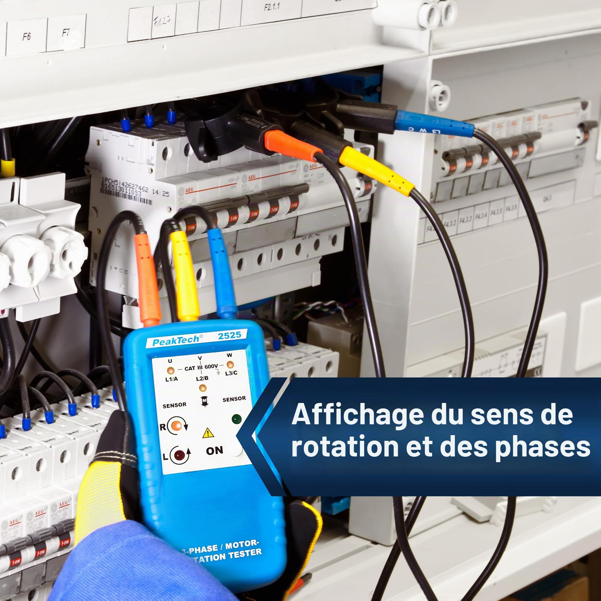 PeakTech 2525 Indicateur de champ tournant 3 phases, indicateur de sens de rotation/Indicateur numérique de champ tournant pour moteur à courant fort et testeur de phase