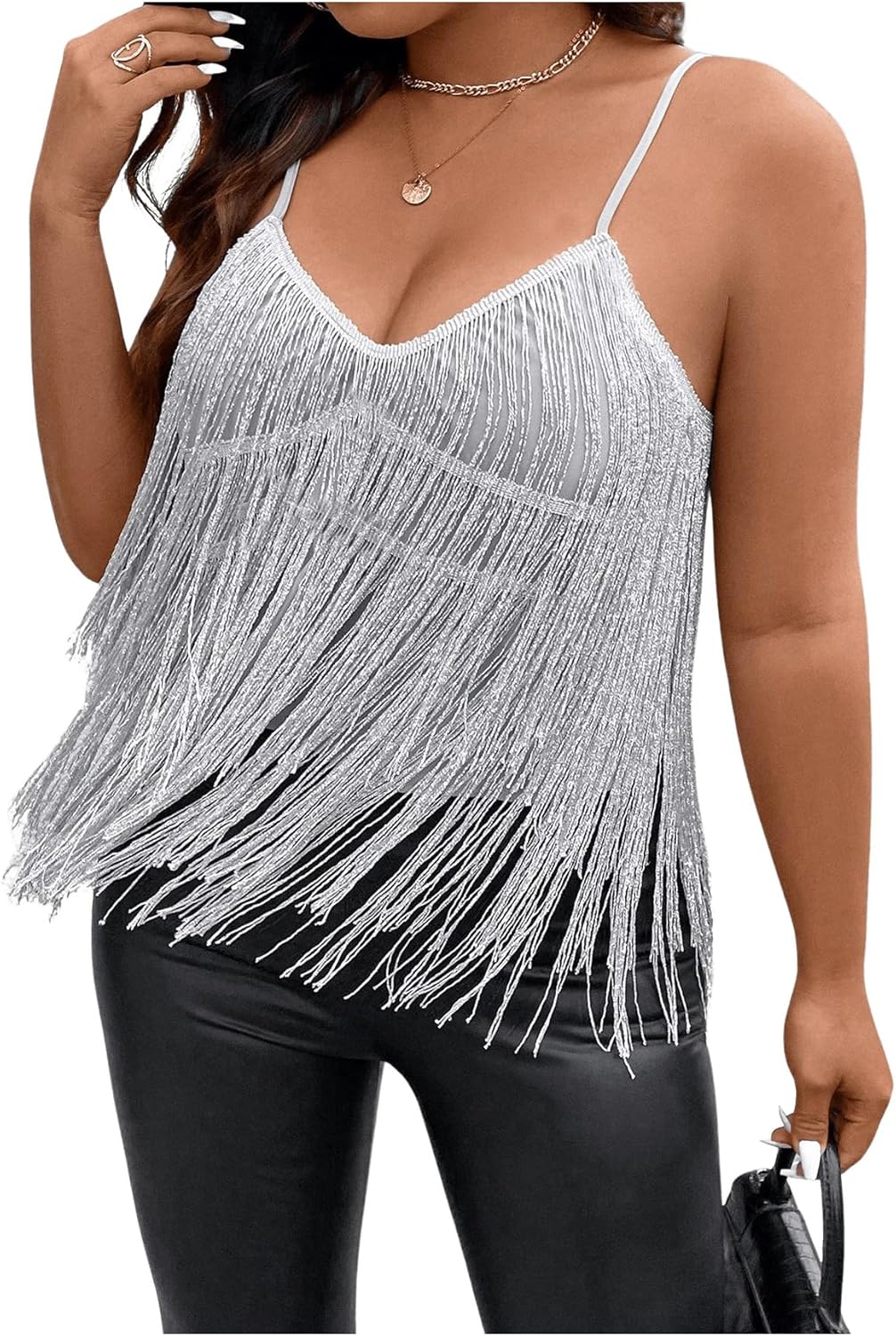 SHENHE Women's Plus Size Sequin Fringed Asymmetrical Cami Top Loose Party Club Top - Image 4