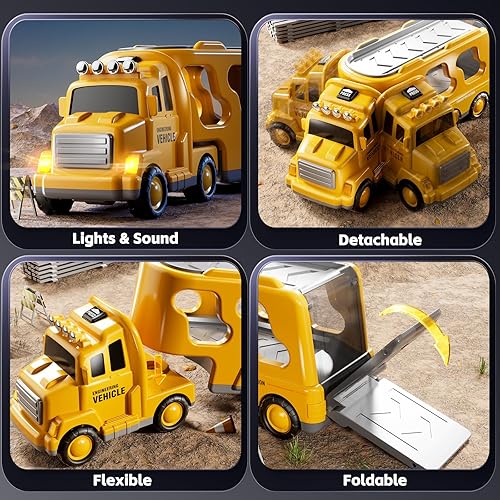 Miniatura 7 de Camiones de construcción de juguetes para niños de 2, 3, 4, 5 años, vehículo de transporte 5 en 1 para niños pequeños de 2 a 4 años con grúa,