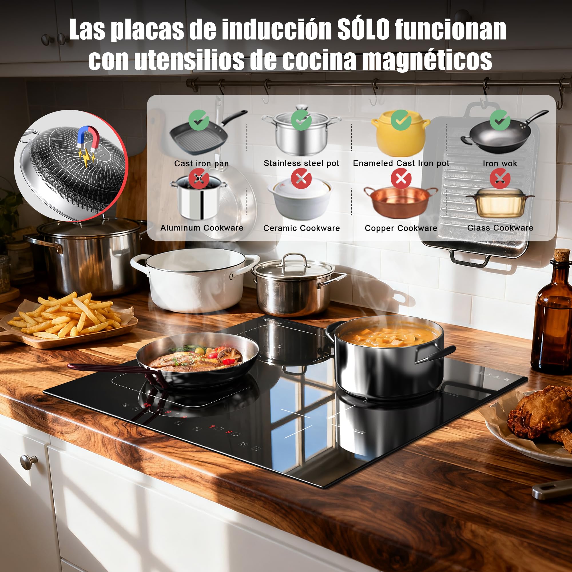 Placa Inducción 4 Fuegos con Zona Flexible, Empotrable 60CM, 7200W Karinear | sin Enchufe, Función «Boost», temporizador, bloqueo de seguridad para niños