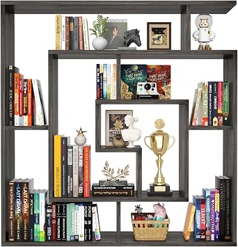 Armocity 6 Tier Display Book Shelf Wall Mounted Bookshelf Freestanding Geometric Bookcase Floating Book Shelves for Wall Bedroom Living Room Home Office, 45.5"W * 47"H, Grey Oak