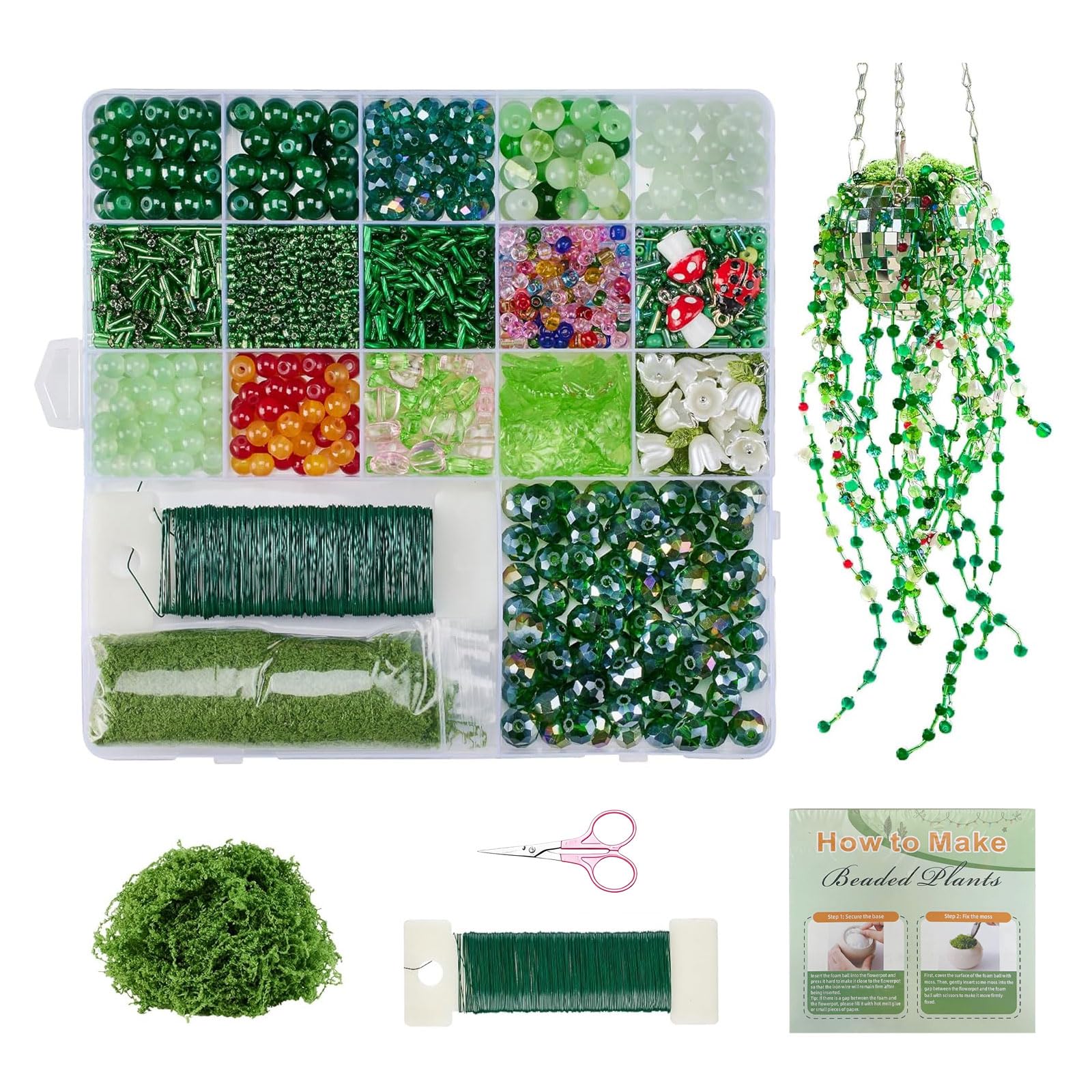 Jafaharug Green Glass Beaded Plant Kit, Forever Plant Beaded Leaf Flower Beads for Succulent Plant Jewelry Making and DIY Crafts