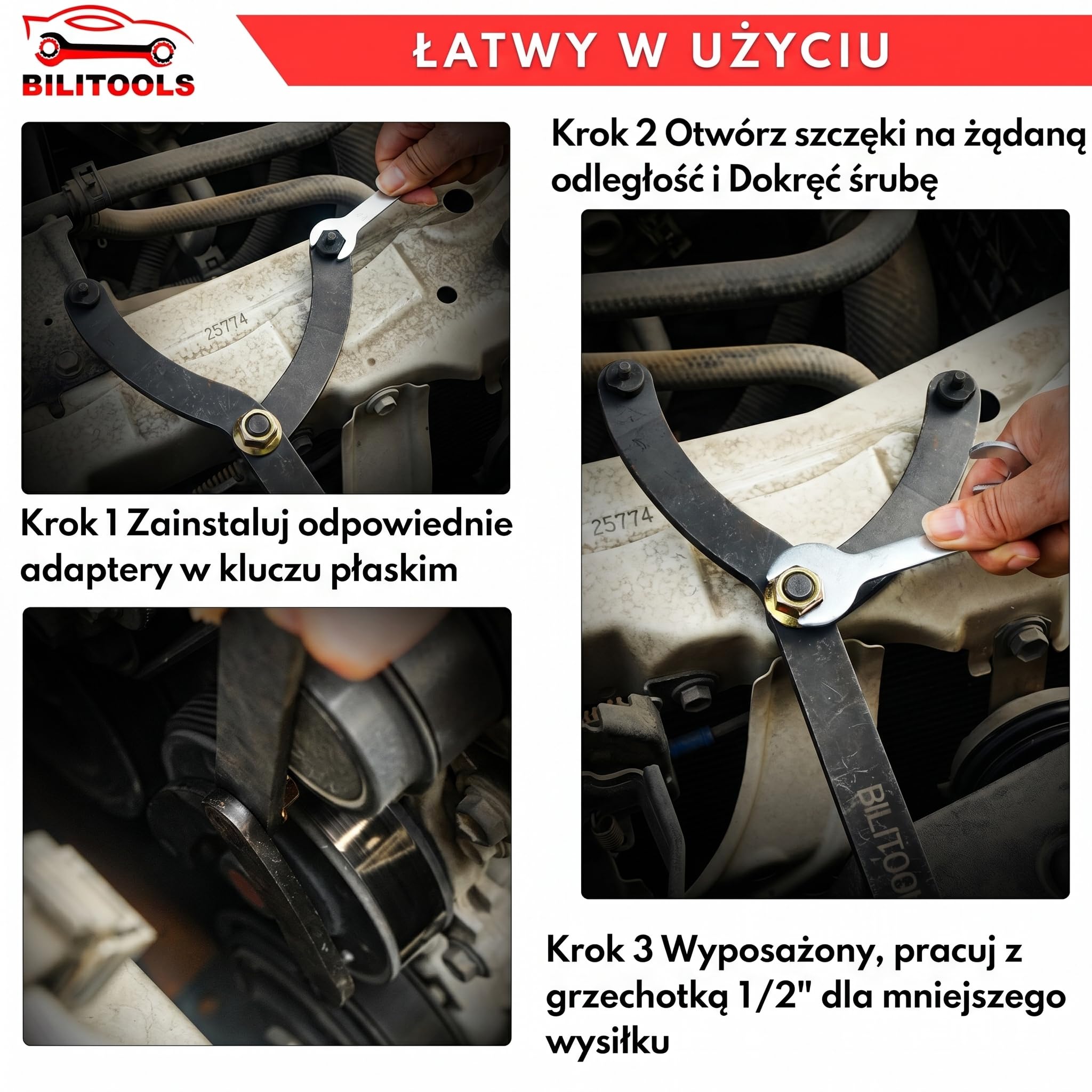 BILITOOLS Uniwersalny mostek silnikowy – Zestaw do blokowania kół pasowych – Klucz kontrujący 1/2" z trzpieniami do wałków rozrządu, wałów korbowych i kół pasowych wielorowkowych