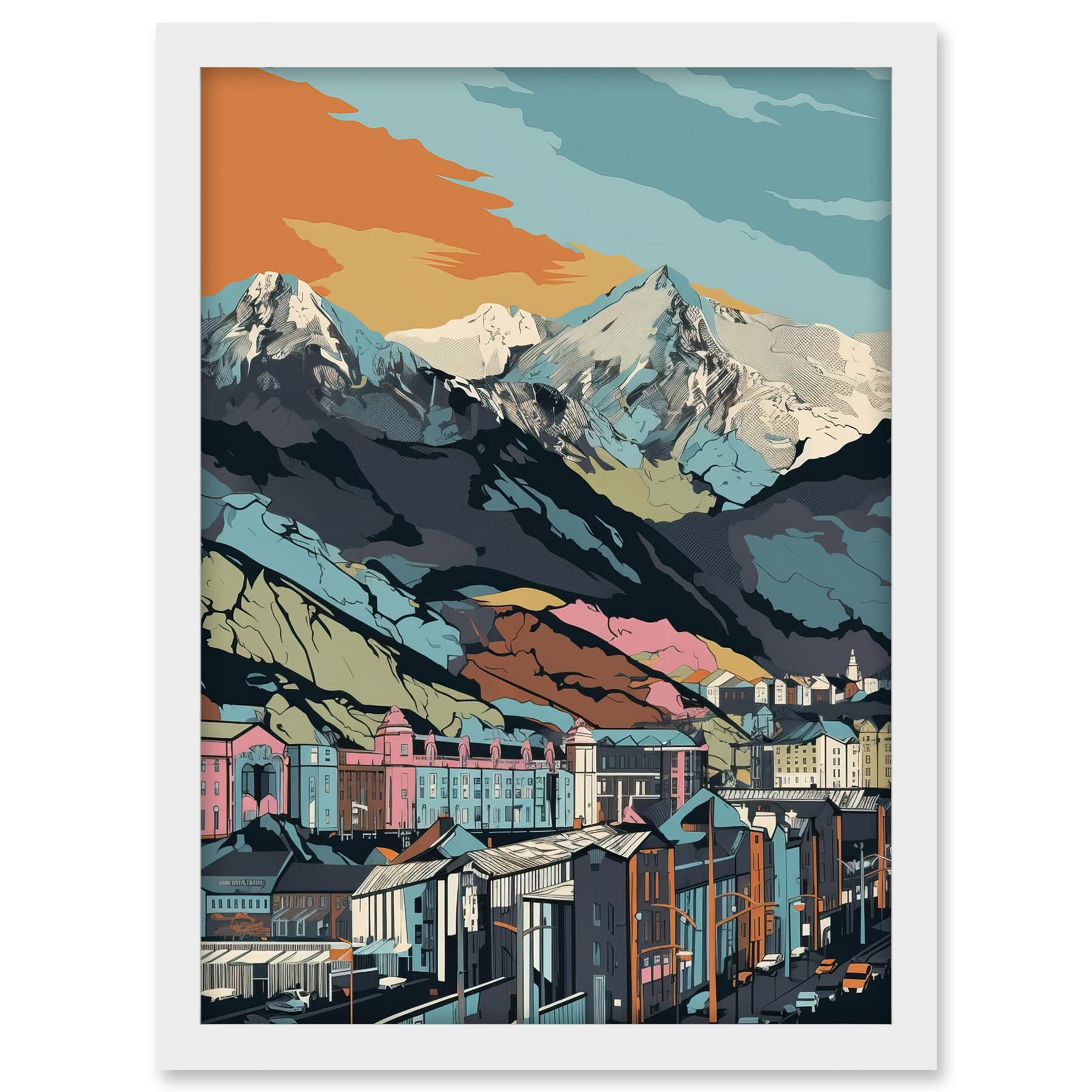 Artery8 Cityscape Under Rocky Mountain Range Modern Artwork Framed A3 Wall Art Print