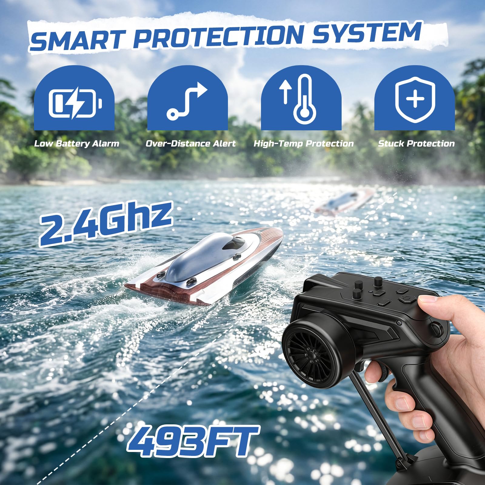 DEERC 17" bürstenloses RC-Boot für Erwachsene, 45+ km/h Hochgeschwindigkeits-Rennboot, 3S 2800mAh LiPo-Akku, Metallruder, selbstaufrichtendes Design, ferngesteuertes Boot für Seen, Pools,TX766