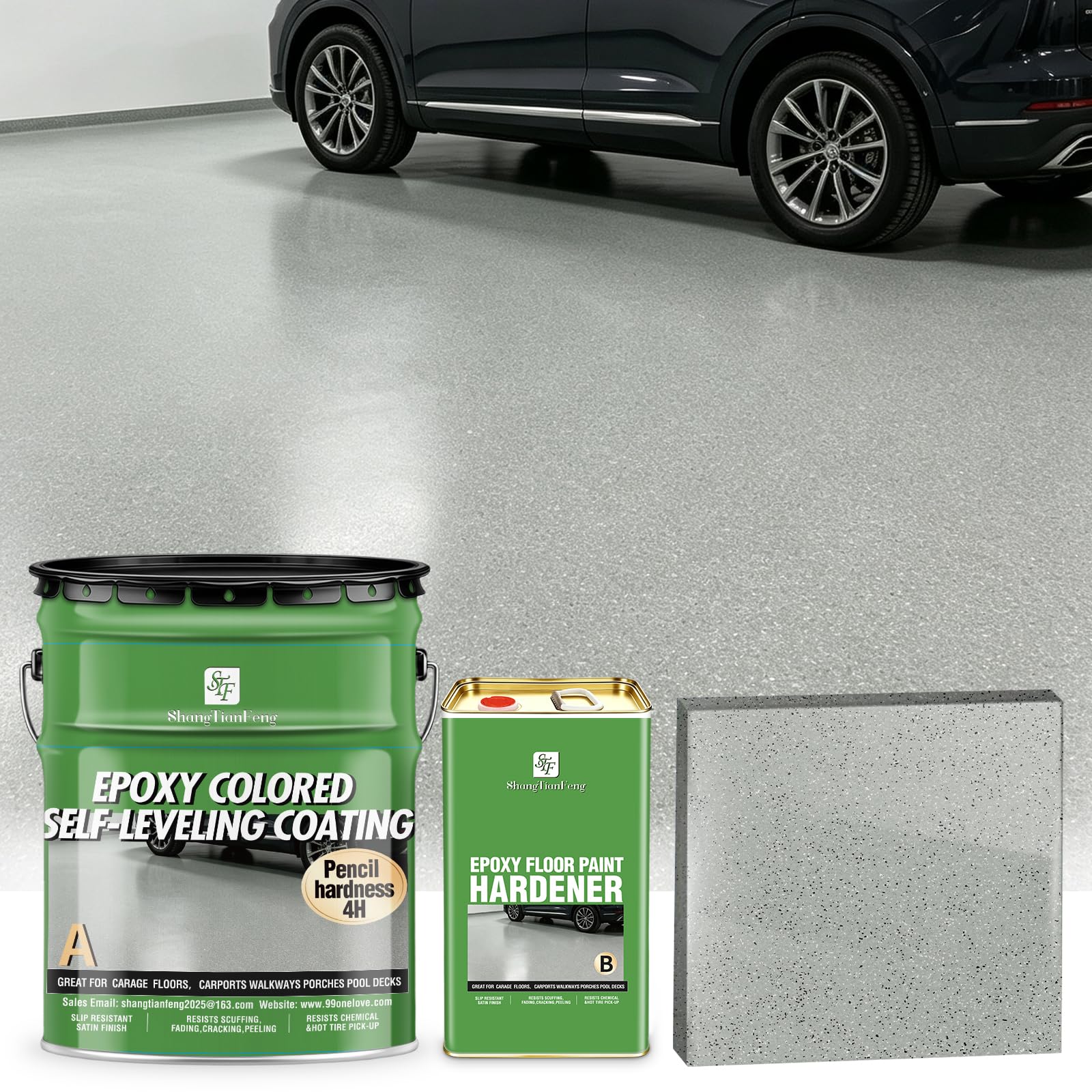 4 Gallon Epoxy Colored Sand Self‑Leveling Floor Paint, Marble‑Effect, 100% High Solids, 5.5:1 Sand‑Aggregate Ratio, 6H Hardness,1.5mm Finished Thickness (Sea Gray,512 Fl Oz,15Kg)