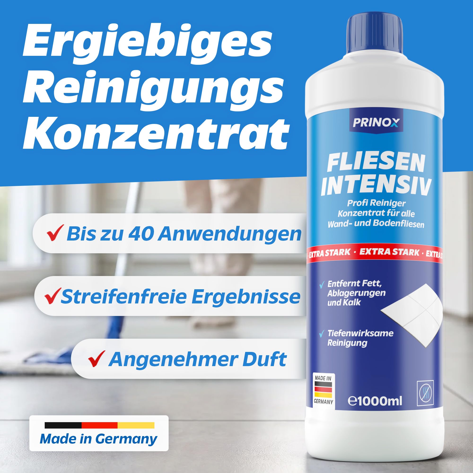 PRINOX 4x 1000ml Fliesenreiniger & Fugenreiniger Konzentrat EXTRA STARK - Reiniger zum Entfernen von hartnäckigen Verschmutzungen, Kalk oder Seifenresten im Bad