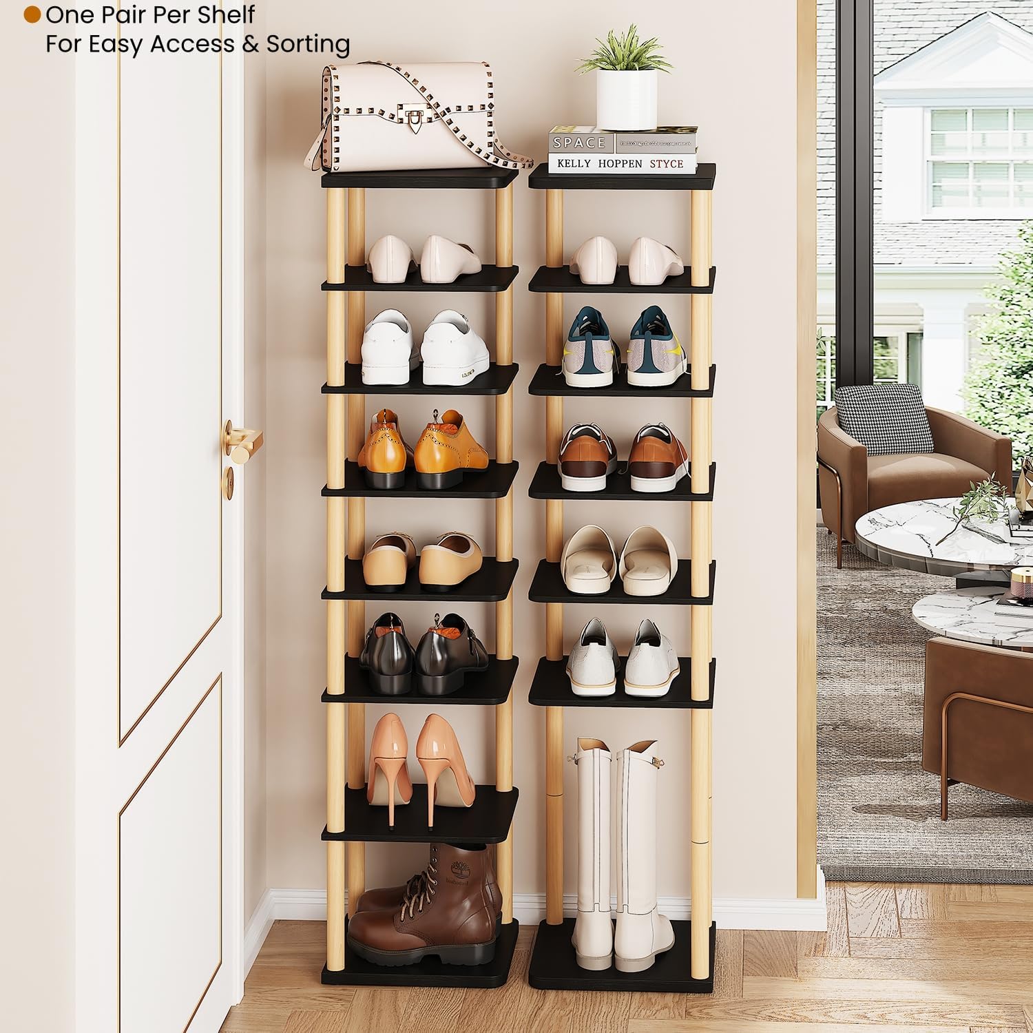 LUCKNOCK Vertical Shoe Rack, 8-Tier Tall Narrow Shoe Organizer for Entryway, Closet, Dorm & Small Spaces, Freestanding Wooden Shoe Shelf Tower for Boots, Sneakers, Heels. (Black)