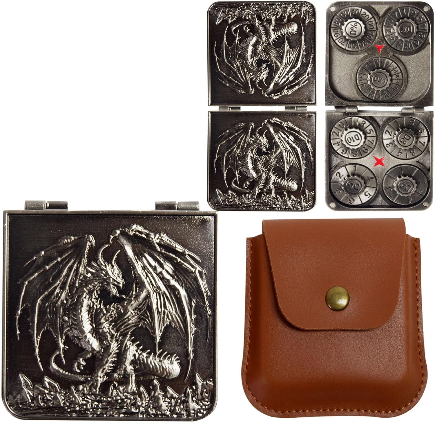 Metal DND Dice Set 7-in-1 Polyhedral - D4 D6 D8 D10 D12 D20 D% with 3D Dragon Case & Leather Bag for Dungeons Dragons RPG Tabletop Games - Silver