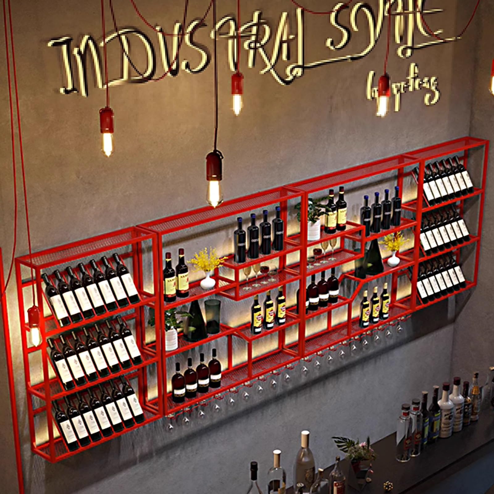 Botellero Pared Vino Botellero de Hierro, Botellero Creativo con Luz, Wine Rack Metal con Luz Led y Estante de Cristal, para Sala de Estar, Bodega (Rojo)