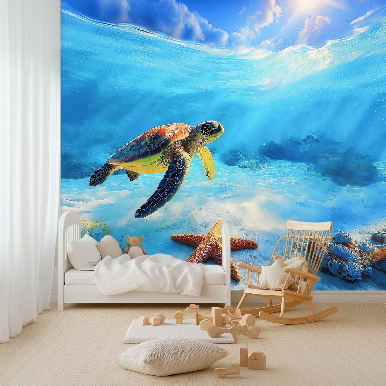 Podwodny świat żółw rozgwiazda tapeta sypialnia dzieci chłopcy tapeta 3D mural, niebieski pokój dla dzieci nastolatków plakat zdjęcie fototapeta pokój tematyczny pokój zabaw 400 x 280 cm