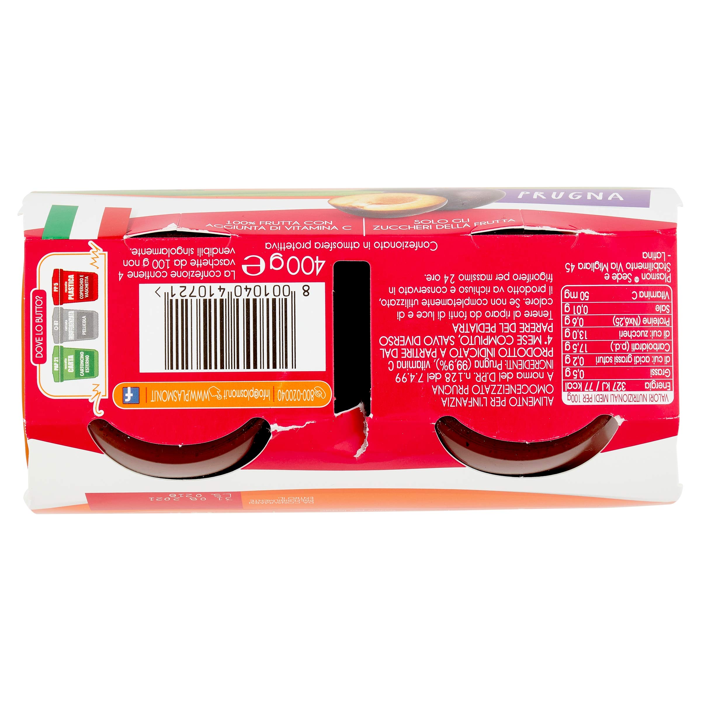 Plasmon Omogeneizzato La Frutta dei Bambini Prugna 4x100gr (6 Confezioni) con Frutta selezionata, 100% Frutta, con aggiunta di Vitamina C