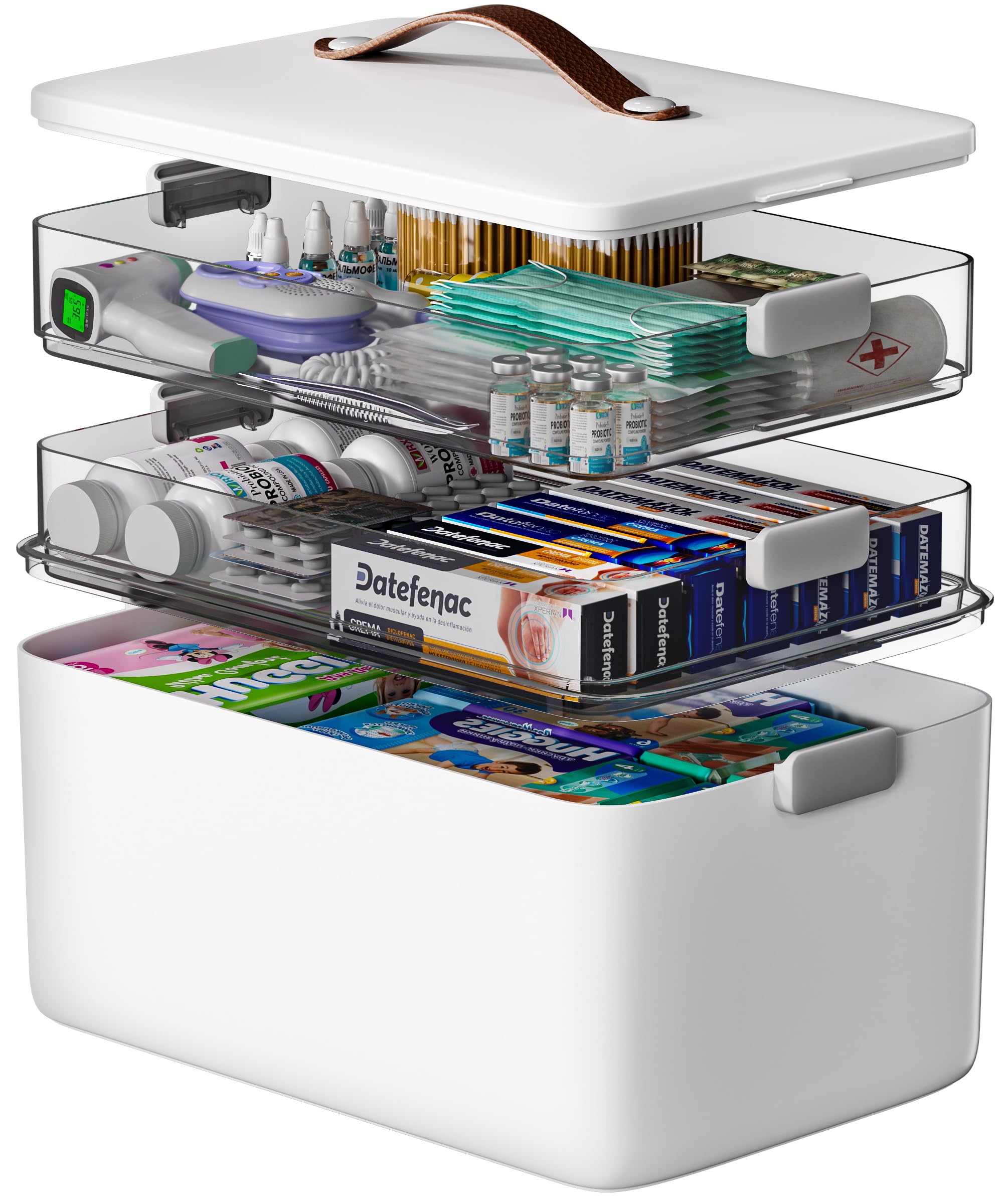 CTIME Boîte à pharmacie à 3 étages - Portable avec anse en cuir, idéale pour la maison et les voyages