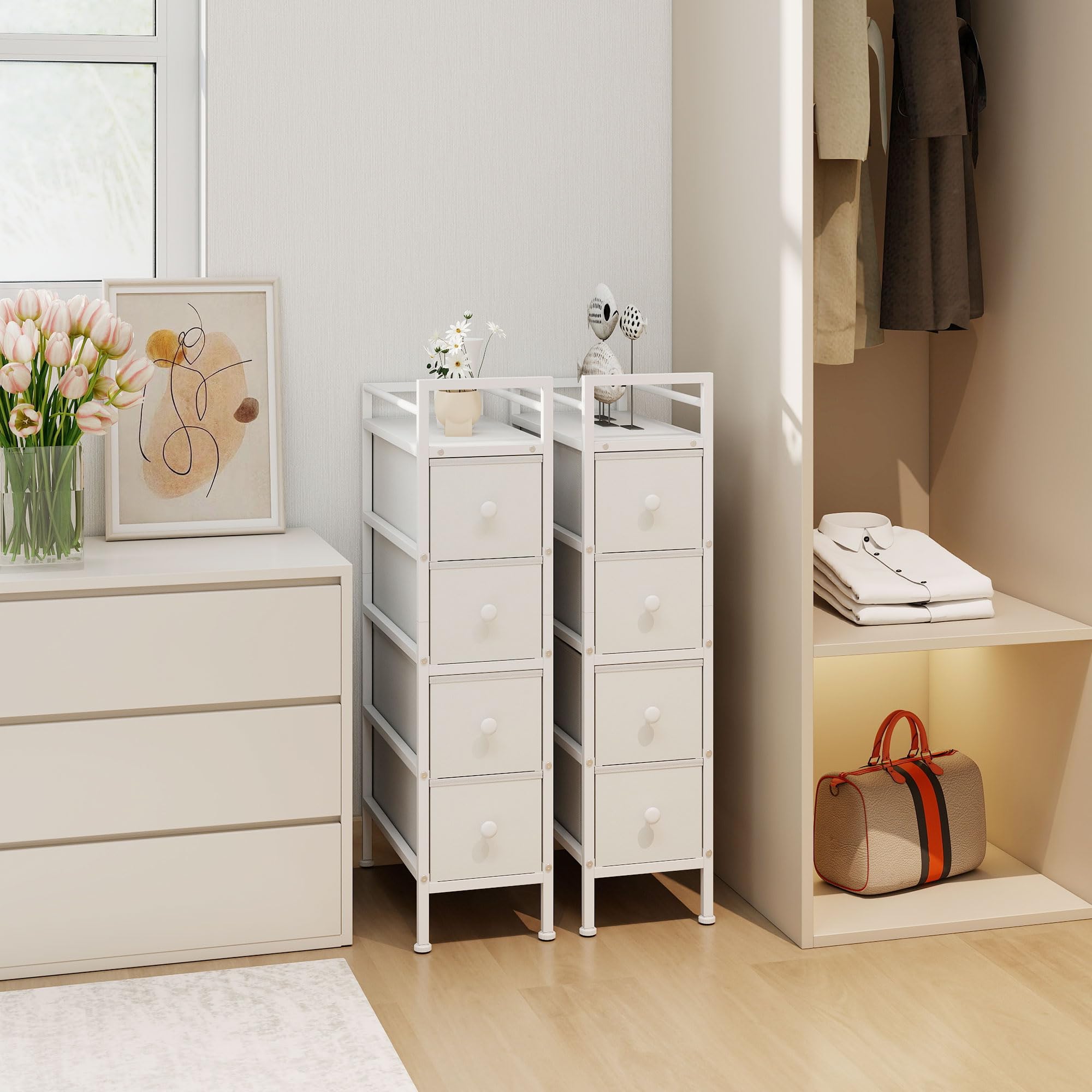 HOMCOM Cómoda con 4 Cajones de Tela, Cómoda para Dormitorio Estrecha con Marco de Acero, Cajonera para Espacios Pequeños, Sala de Estar, Vestidor, Baño, Blanco