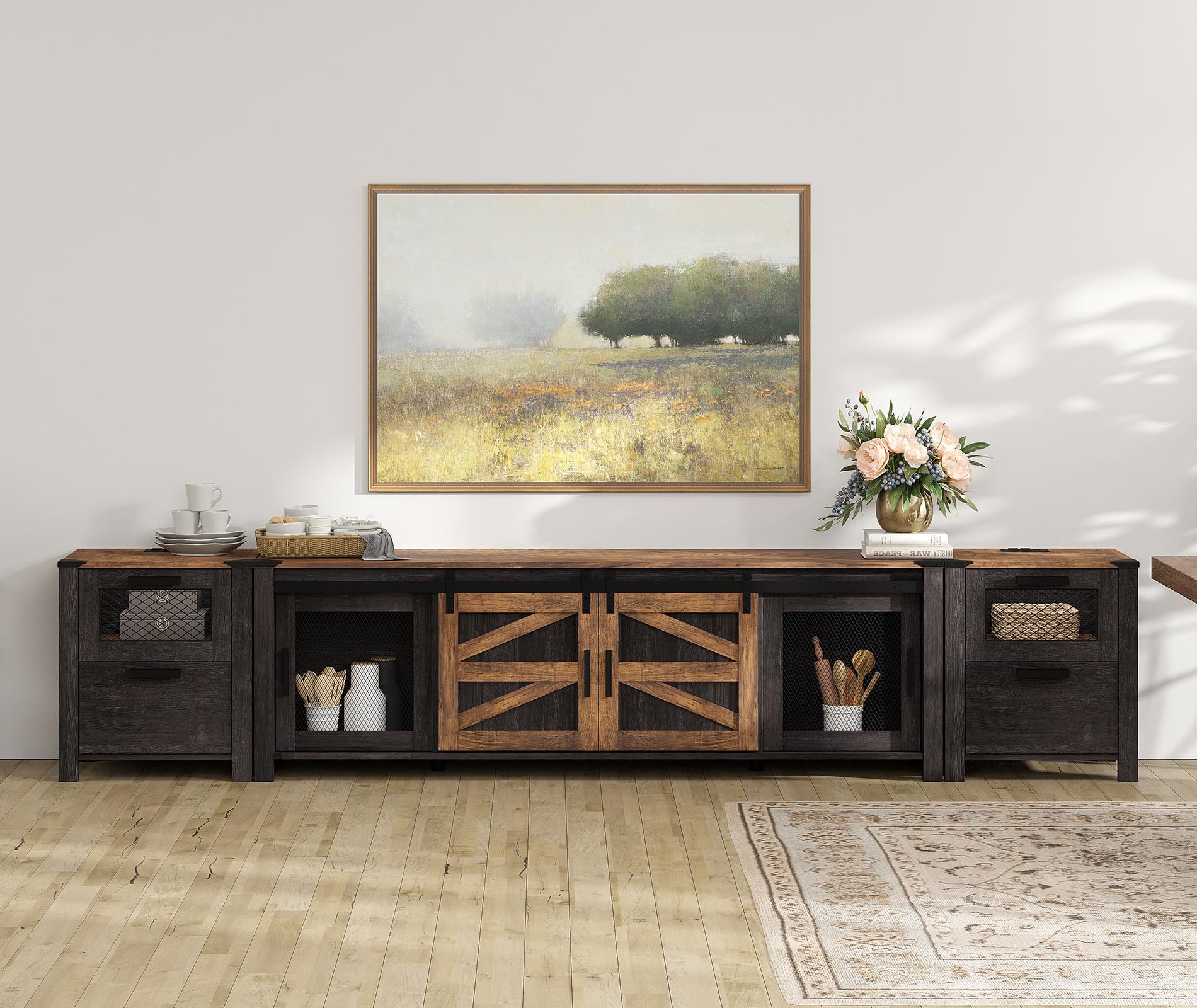 WAMPAT Farmhouse Buffet Cabinet with Charging Station,Rustic Sideboard Table with Sliding Barn Door, Coffee Bar Storage Cabinet with Mesh Doors for