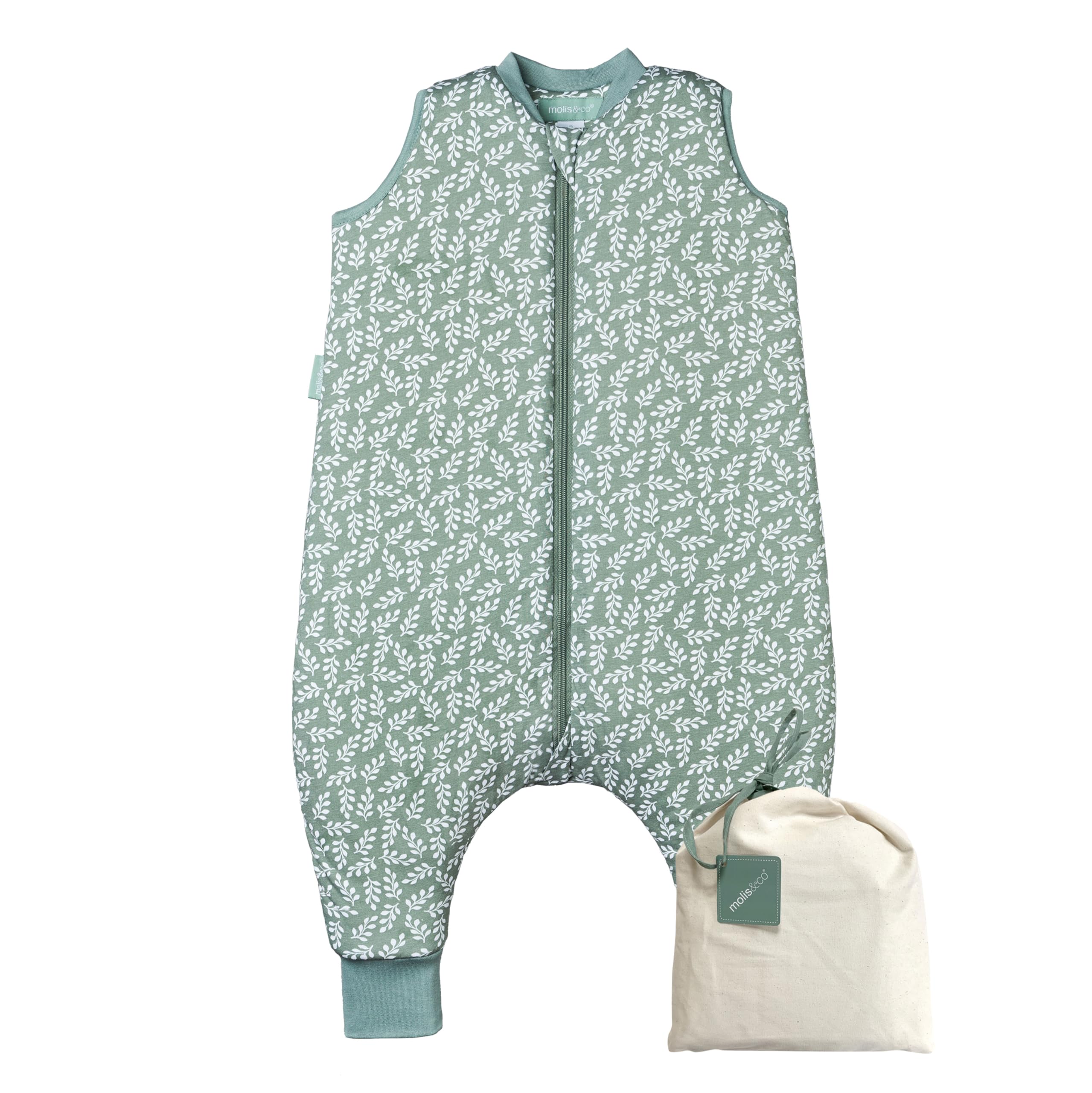 molis&co - Baby Schlafsack mit Füßen 2.5 TOG - Ganzjahres Schlafsack - Babyschlafsack mit Beinen - 100% Baumwolle (Oeko-TEX 100), Winterschlafsack Premium Qualität - Green Garden (120 cm)