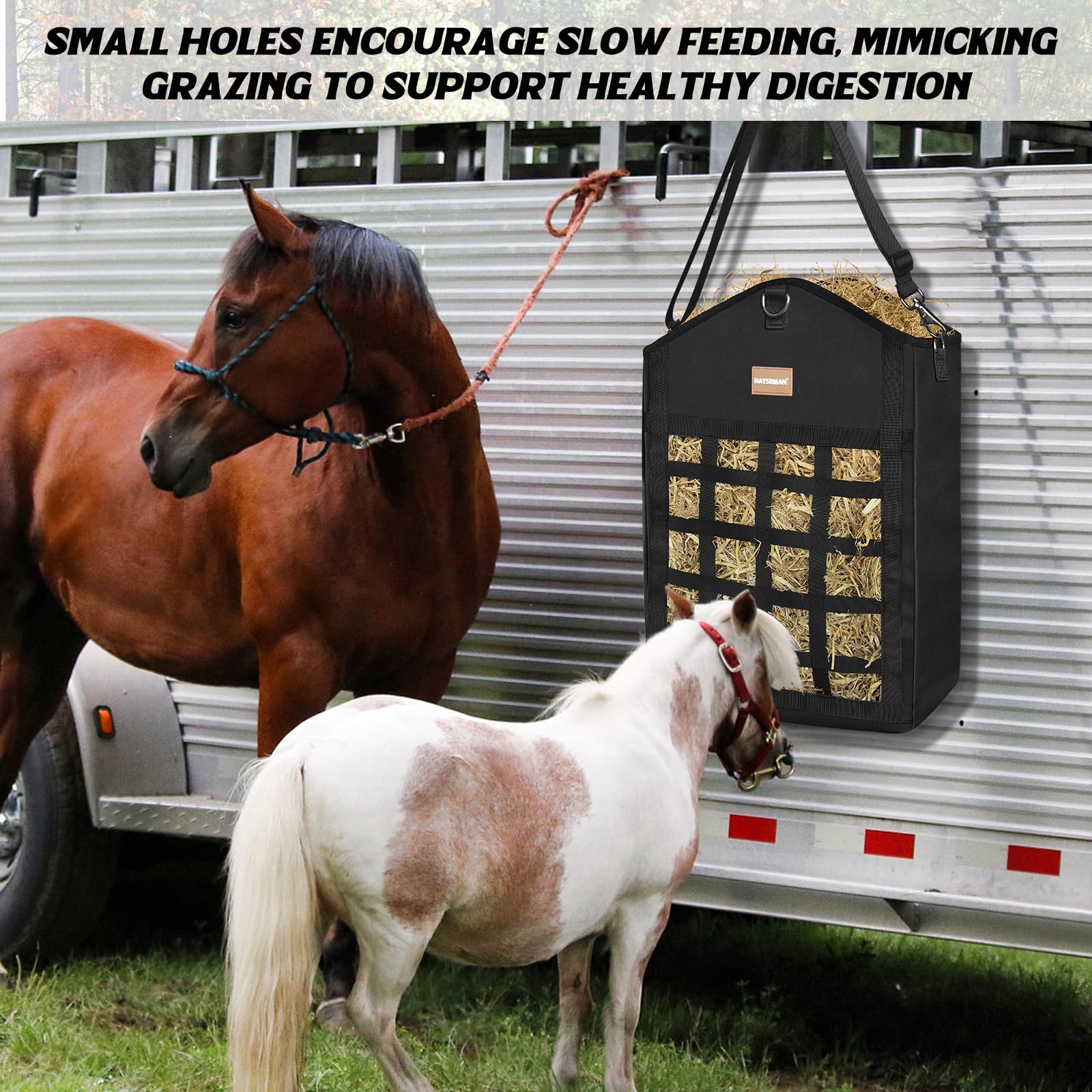 Innovadoras bolsas de heno para caballos, comedero de heno para cabras con tela Oxford reforzada y cierre de metal de alta resistencia, suministros de alimentación para caballos con correa